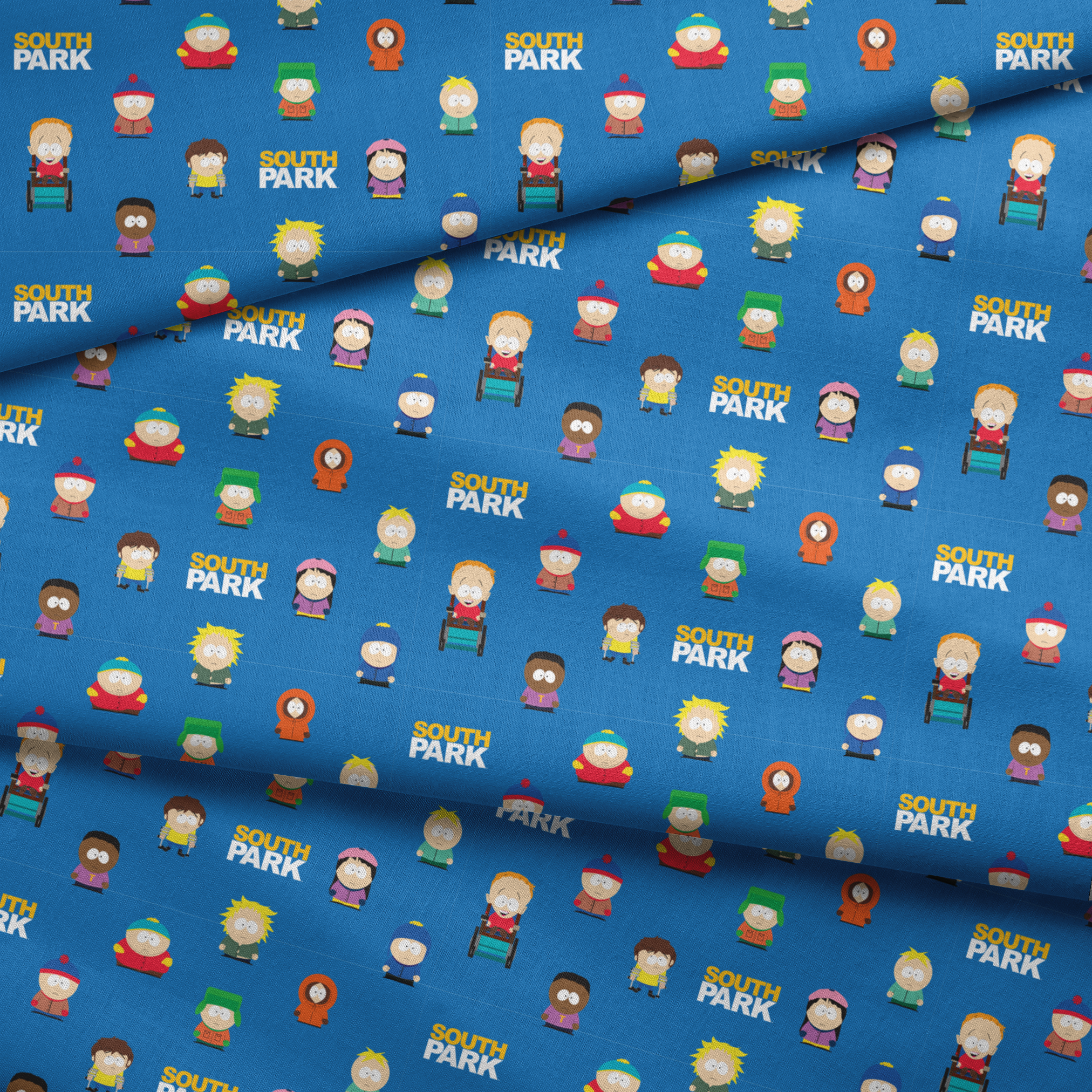 Stan, Kyle, Cartman, Kenny, Butters, Tweek, Jimmy, Wendy, Token, and other South Park characters with the show’s logo on a bright blue background in a scattered repeat. fabric fold mockup