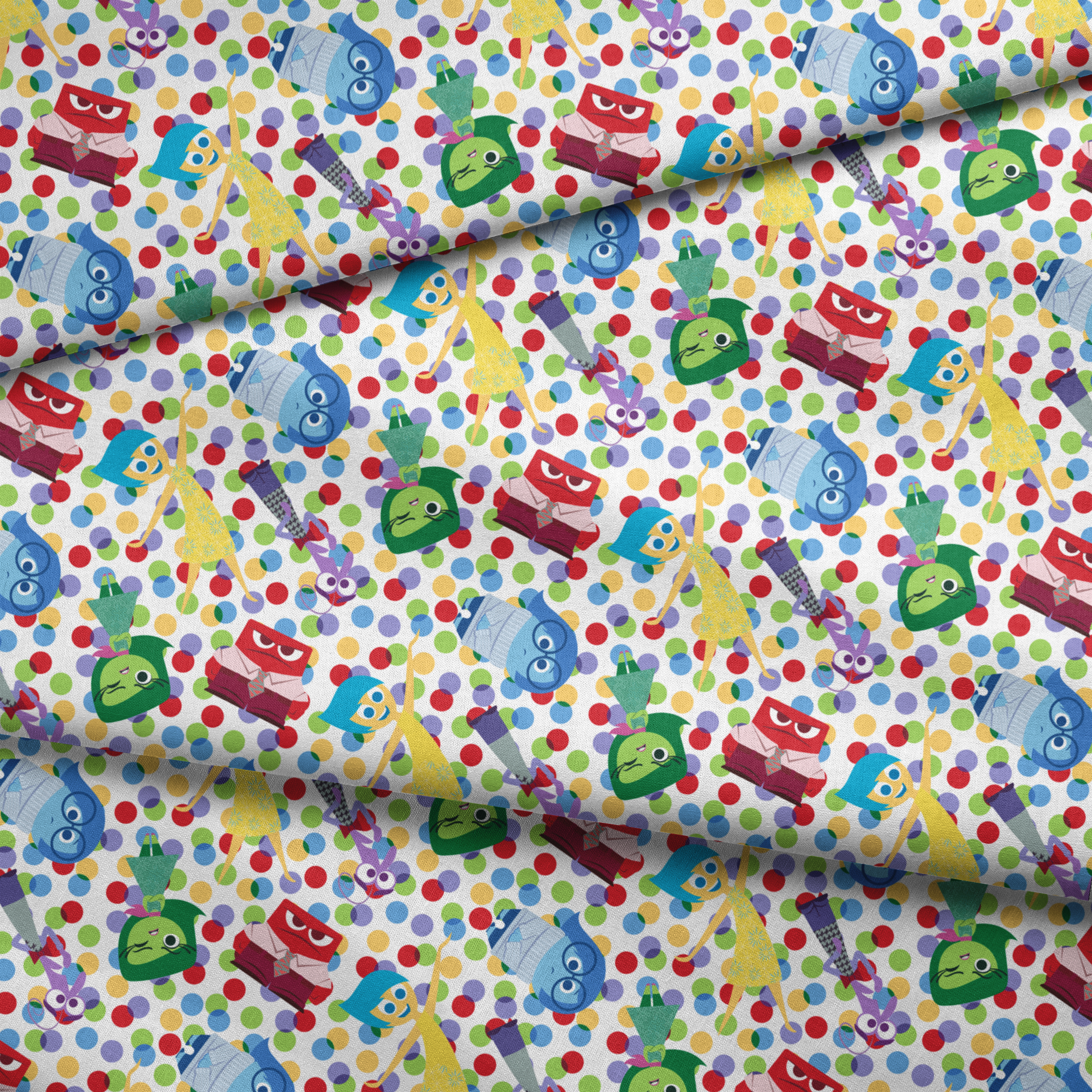 Colorful pattern of animated character heads from Inside Out movie on polka dot background fabric fold mockup