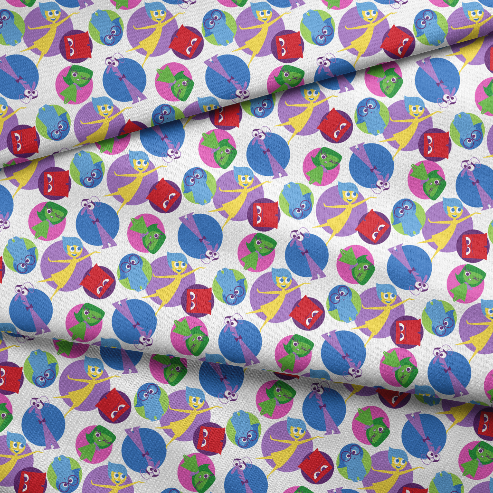 Colorful pattern of Inside Out characters with expressive eyes in overlapping purple, blue, red, and green circles fabric fold mockup
