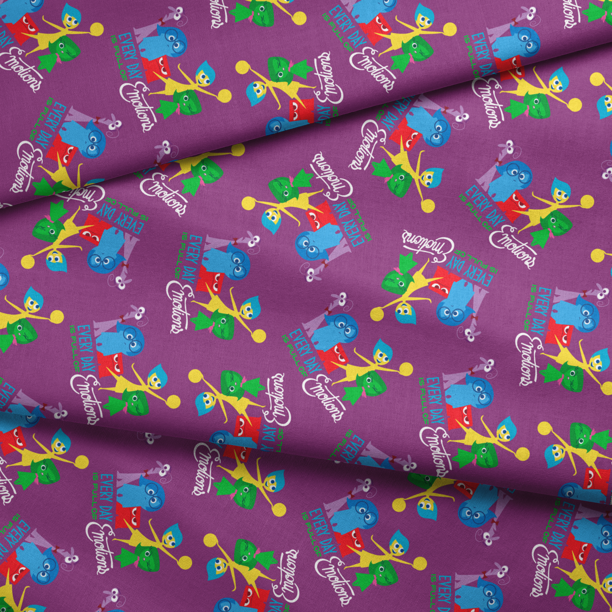 Purple background with repeating pattern of Inside Out characters - Joy, Sadness, Anger, Disgust, Fear, and text elements. fabric fold mockup