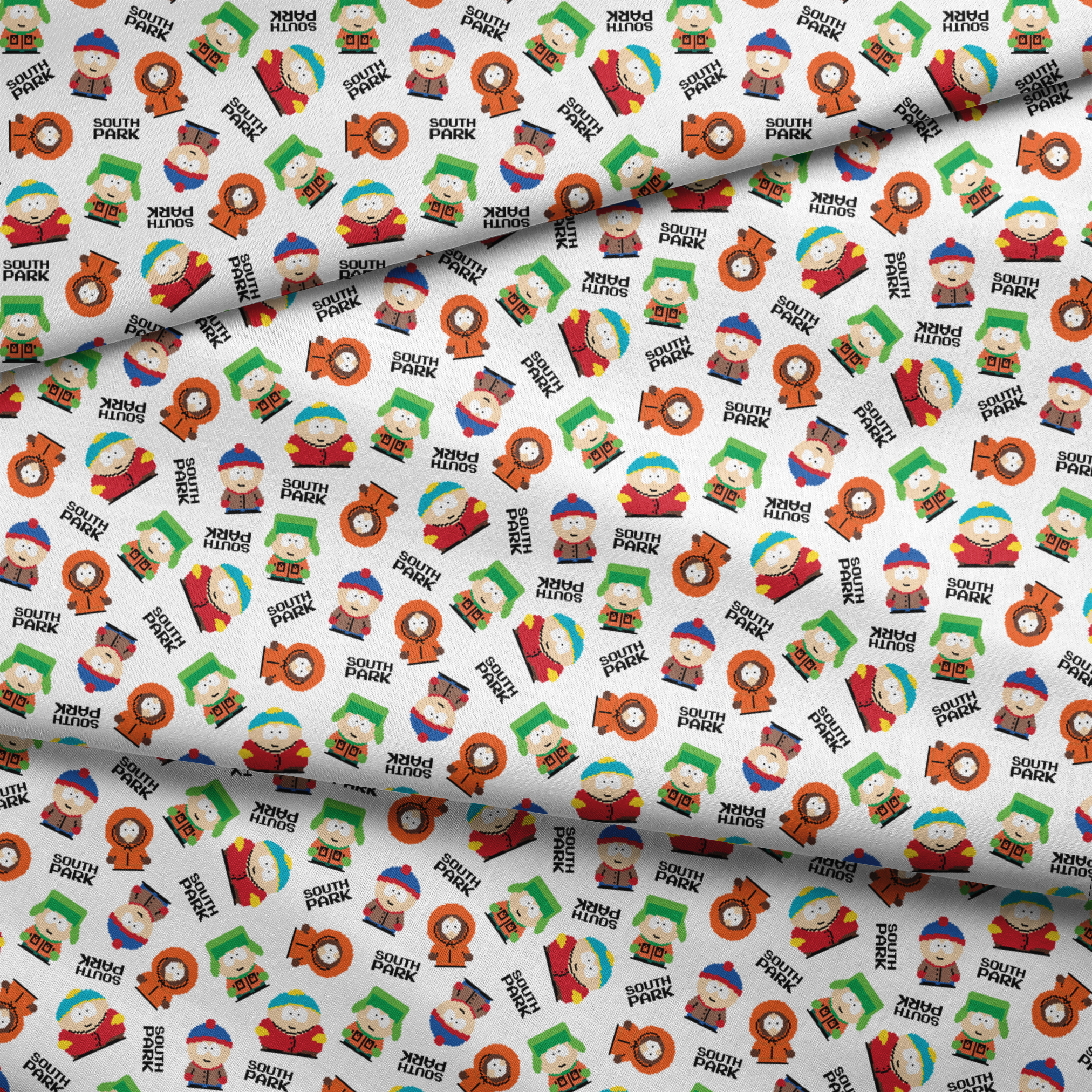 Pixel art versions of Stan, Kyle, Cartman, and Kenny with the South Park logo in black, tossed on a white background in various rotations. fabric fold mockup