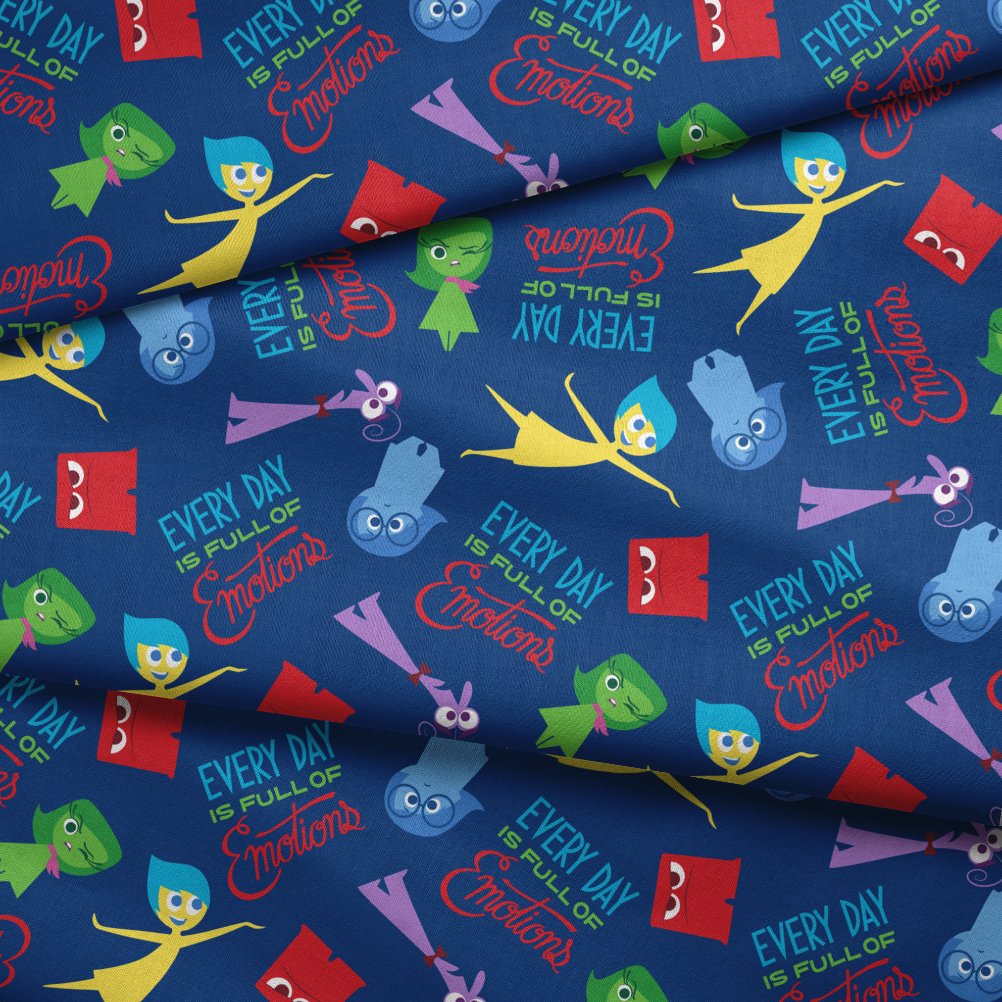 Colorful cartoon character pattern on blue background with characters from Inside Out movie and text phrases fabric fold mockup
