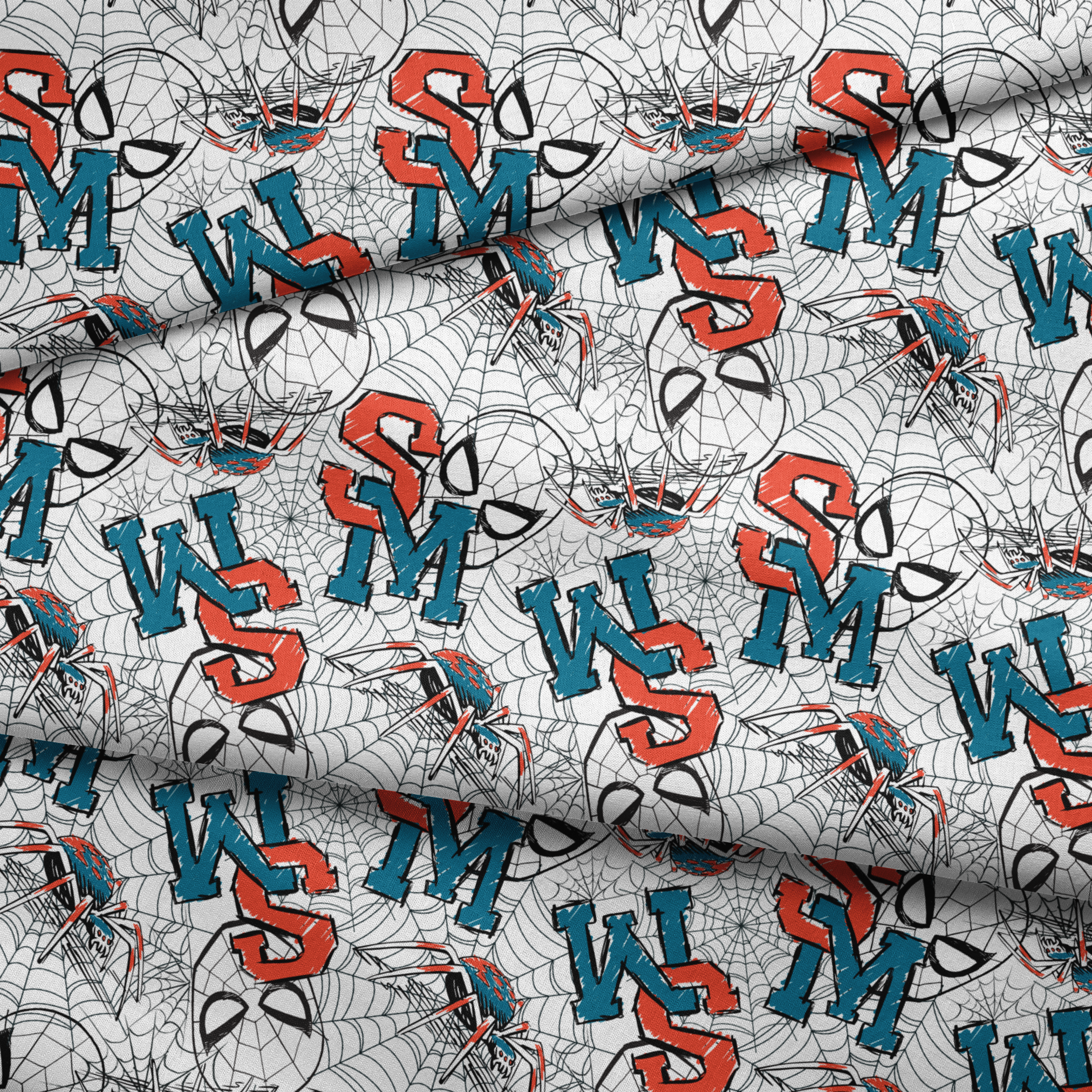 Abstract design with blue and red letters (S, M, K) overlaid with black spider web patterns on white background fabric fold mockup