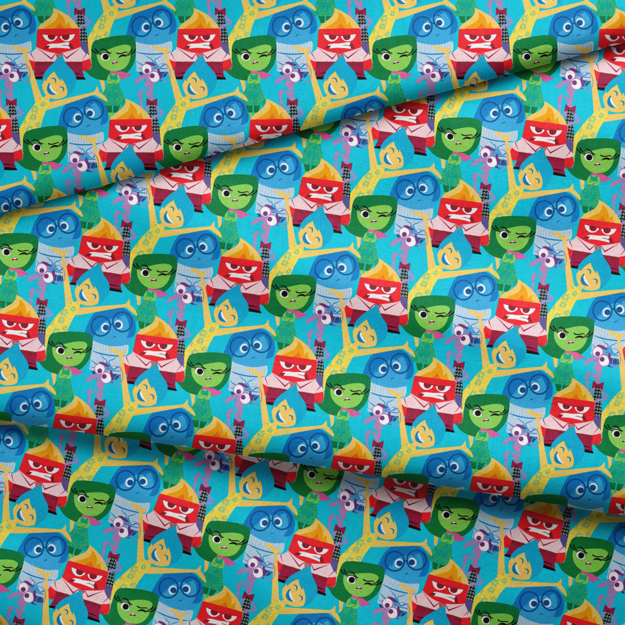 Colorful animated characters from Pixar's Inside Out - Joy, Sadness, Anger, Disgust and Fear in repeating pattern fabric fold mockup