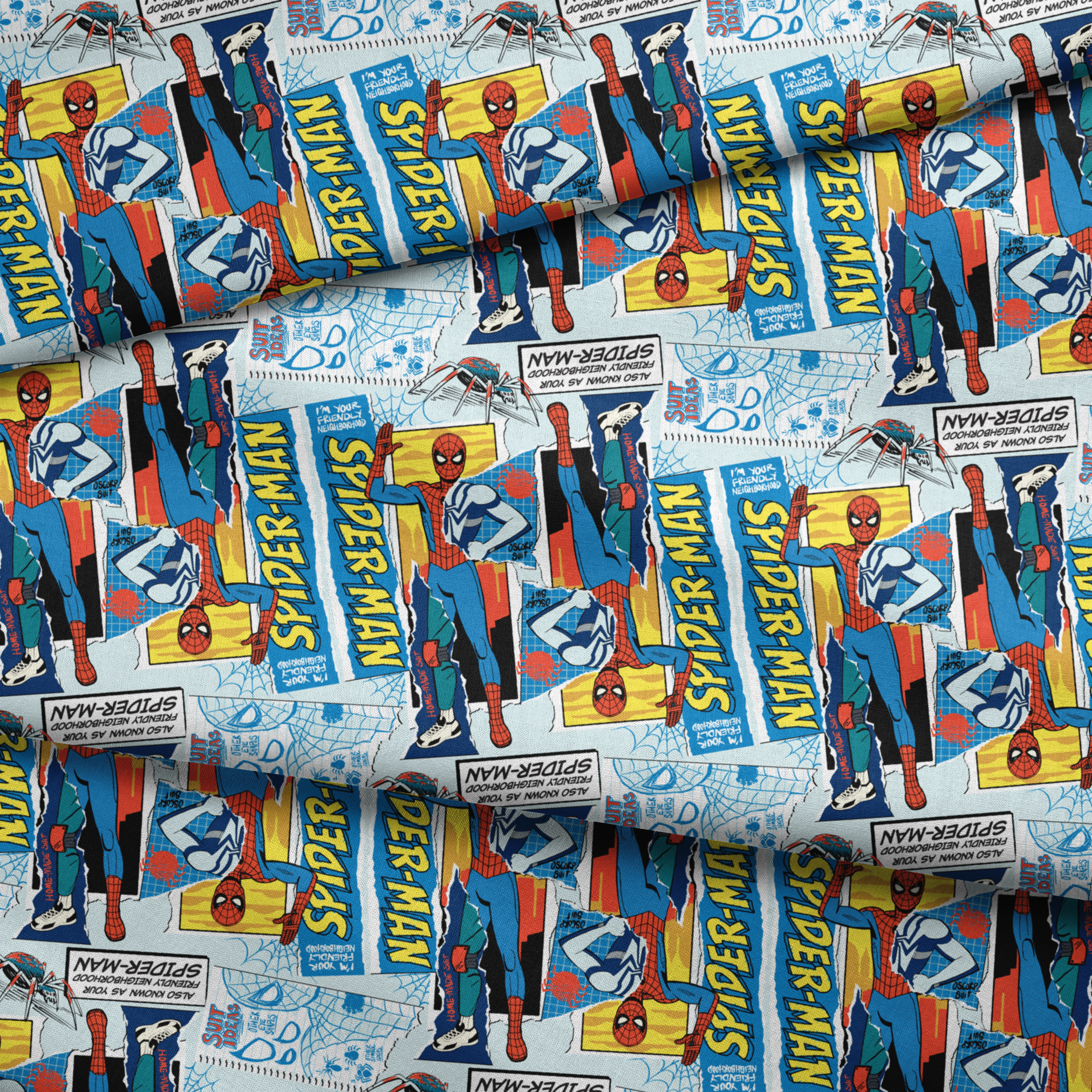 Spider-Man comic book style pattern with red and blue superheroes in action poses against web-themed background fabric fold mockup