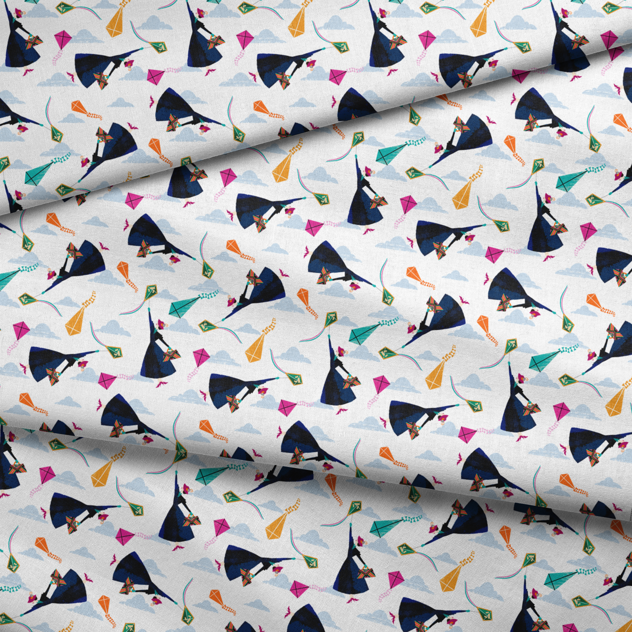 Colorful kites in orange, pink, and green along with Mary Poppins flying in a cloudy blue sky fabric fold mockup