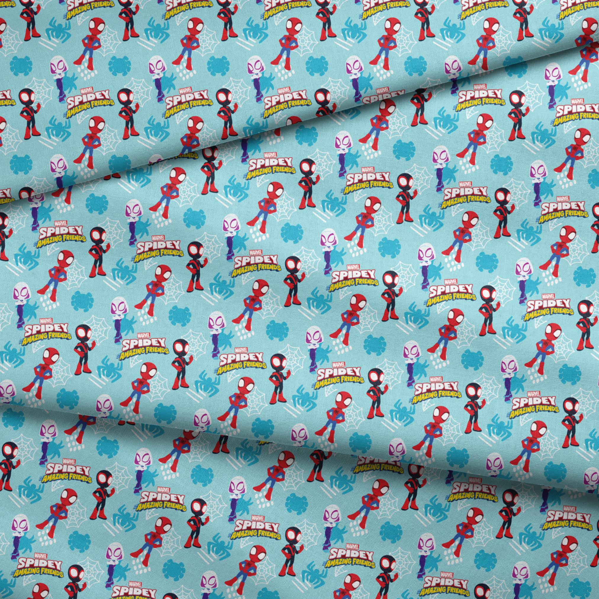Marvel Spider-Man cartoon characters on blue background with spider webs and logos, featuring different Spider-Man costume variants. fabric fold mockup