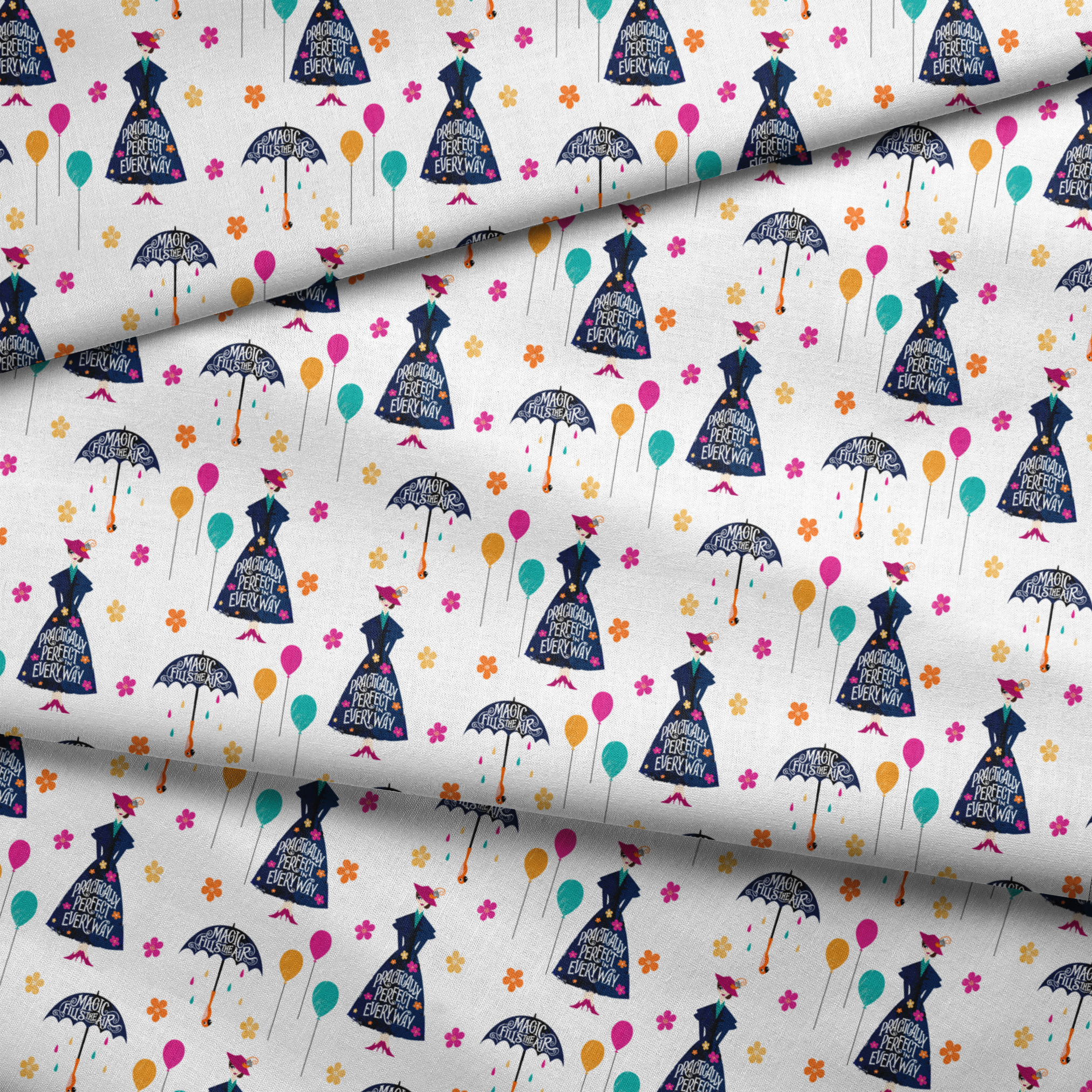 Colorful pattern with Mary Poppins-inspired silhouettes, umbrellas, balloons, and flowers on white background fabric fold mockup