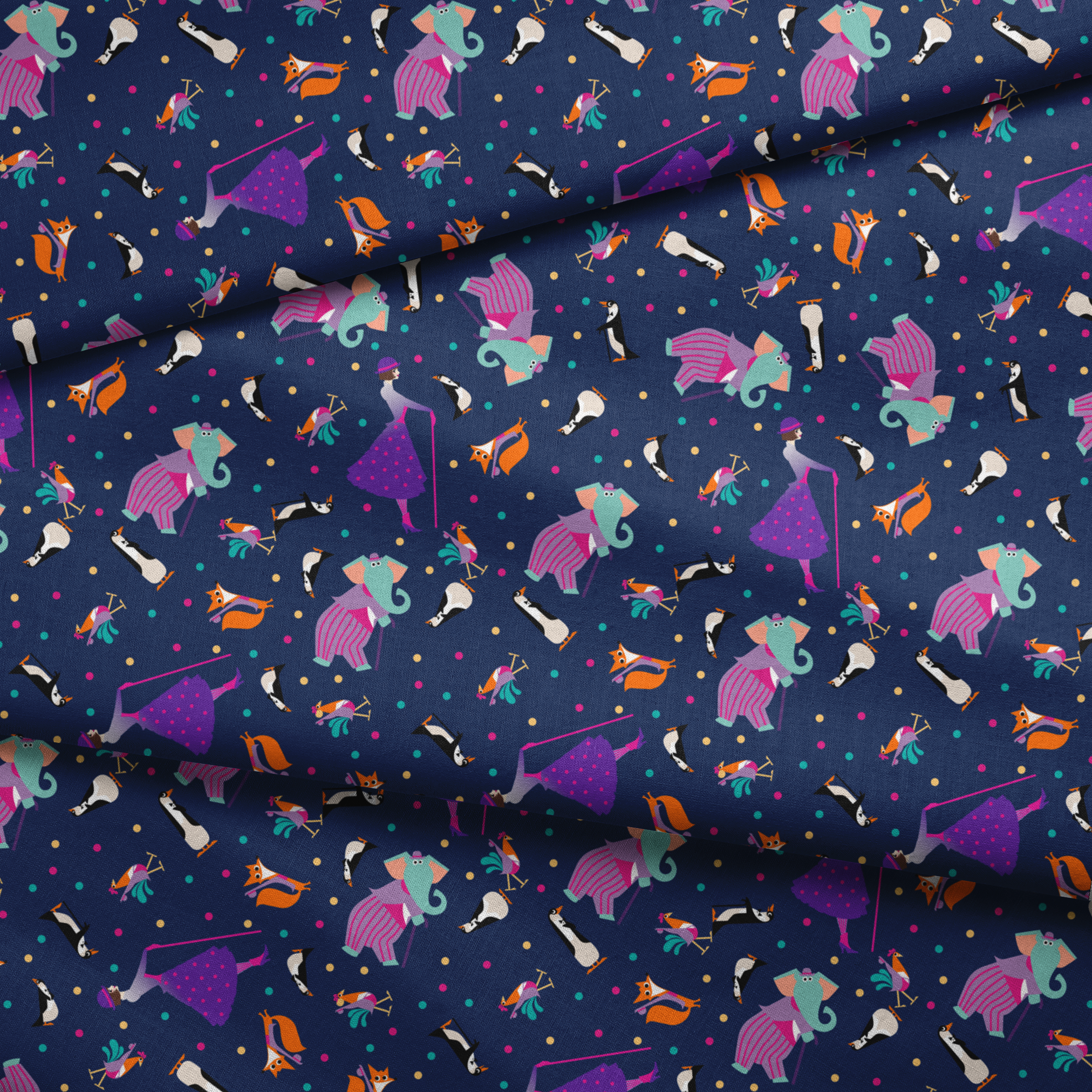 Colorful Mary Poppins pattern of whimsical animals including foxes and birds on a dark blue background with polka dots fabric fold mockup