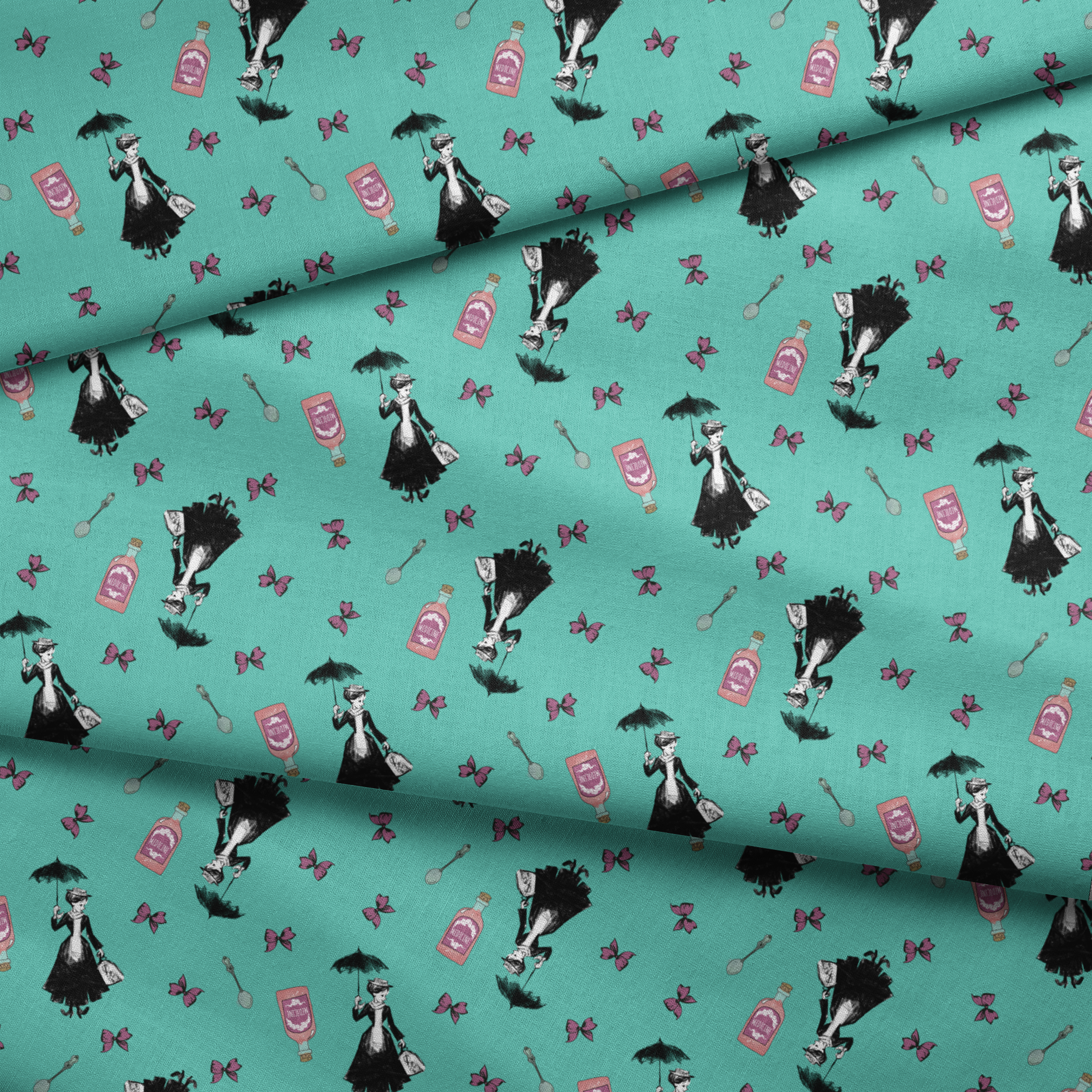 Whimsical illustration pattern with Mary Poppins holding umbrella, pink bottles, and purple butterflies on mint green background. fabric fold mockup
