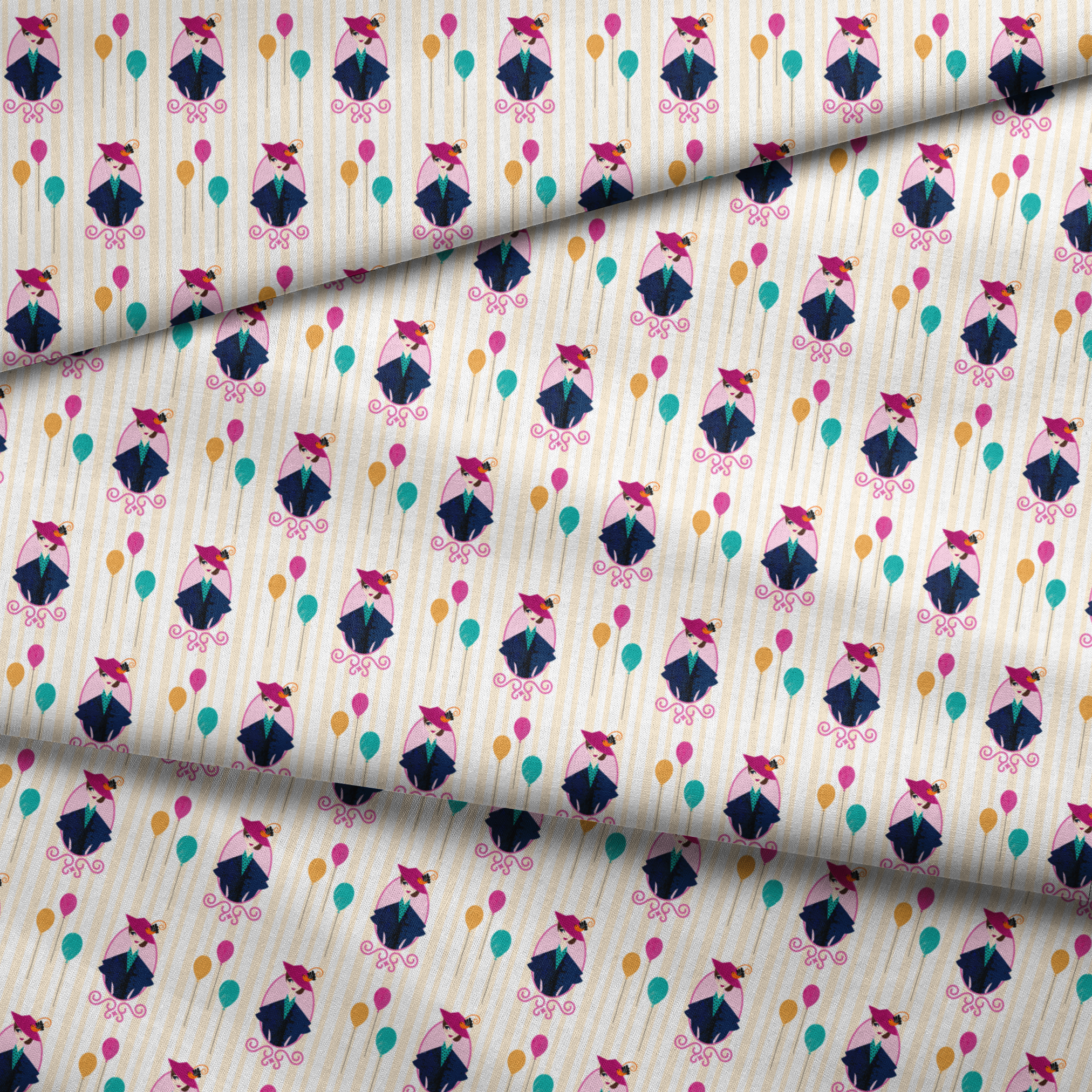 Mary Poppins displayed in decorative frames with colorful balloons against striped background fabric fold mockup