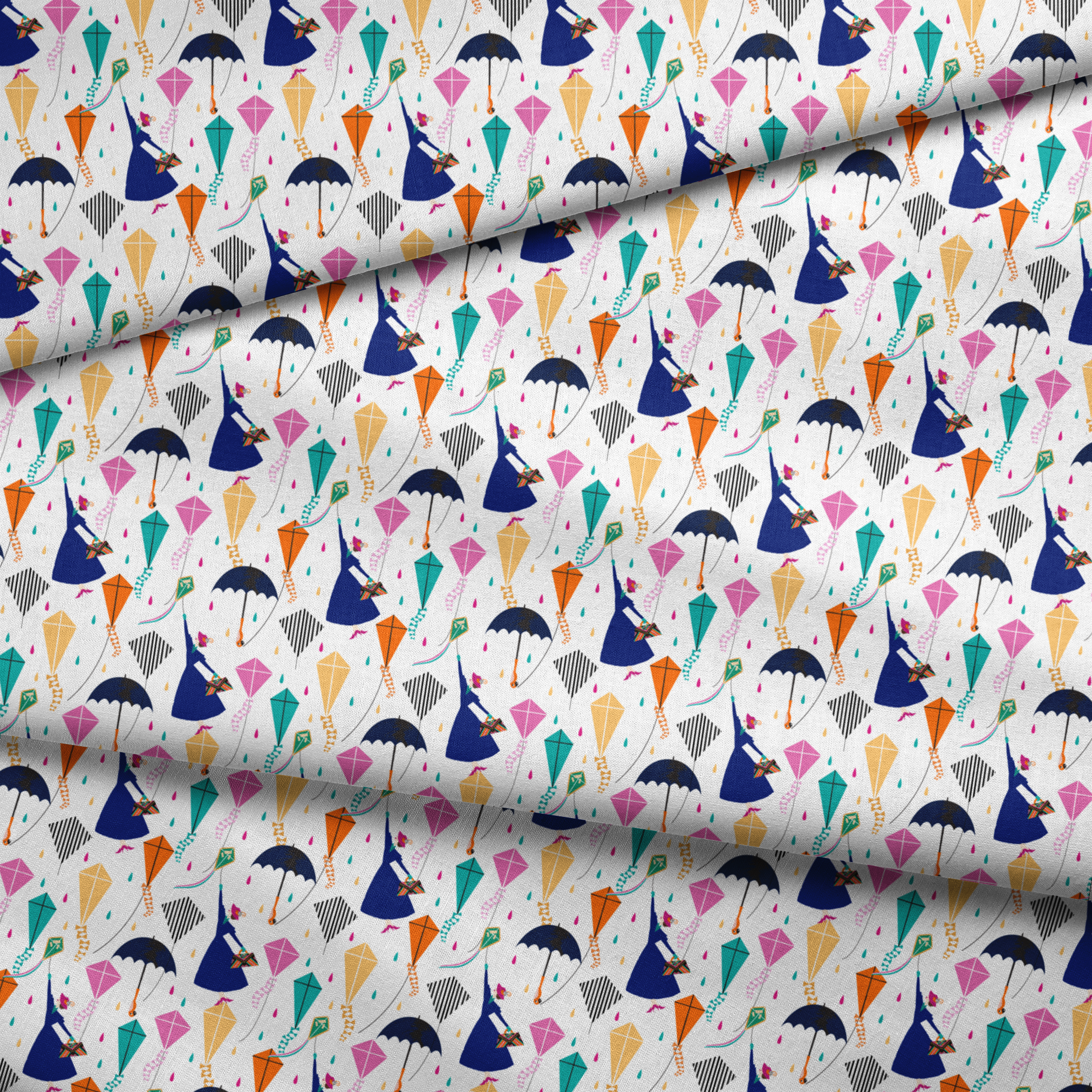 Colorful Mary Poppins pattern with umbrellas, featuring pink, orange, turquoise kites and navy umbrellas on white background fabric fold mockup
