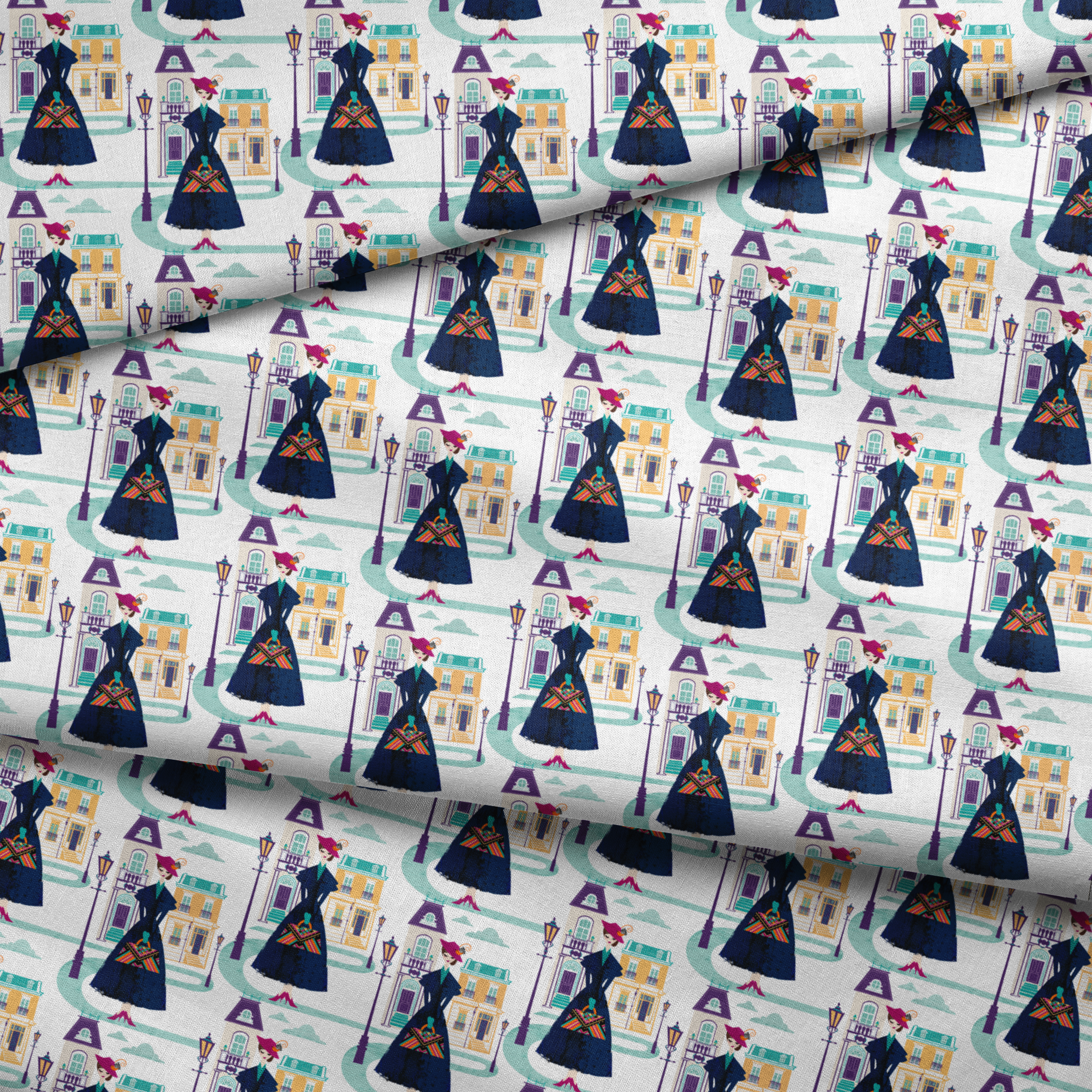Illustrated pattern of Mary Poppins, standing among pastel townhouses and streetlamps. fabric fold mockup