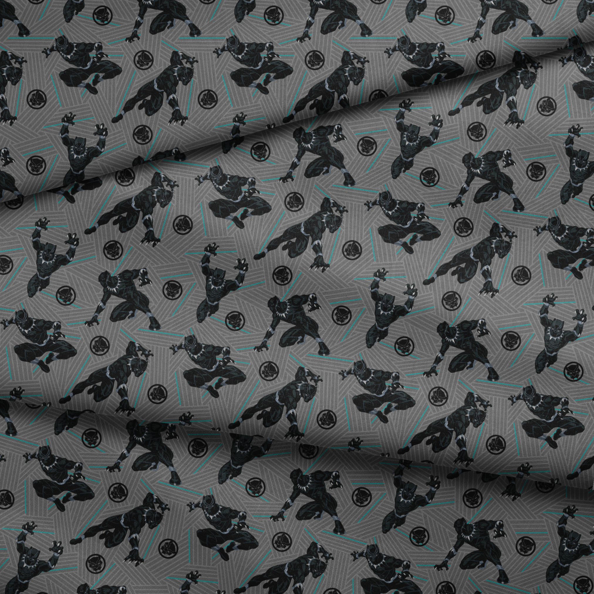 Black superhero figure in dynamic poses against gray geometric background with teal accents and circular emblems fabric fold mockup