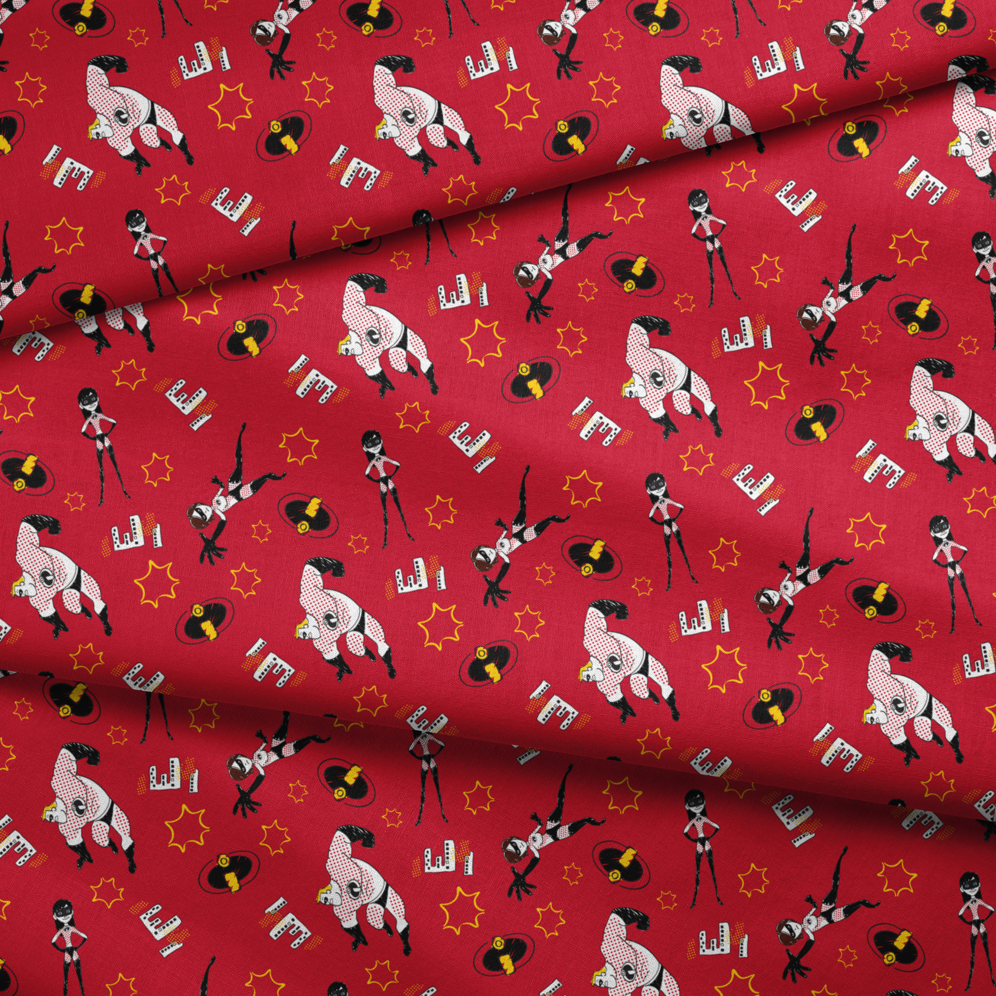 Red background pattern with The Incredibles, yellow stars, and comic book style graphic elements fabric fold mockup