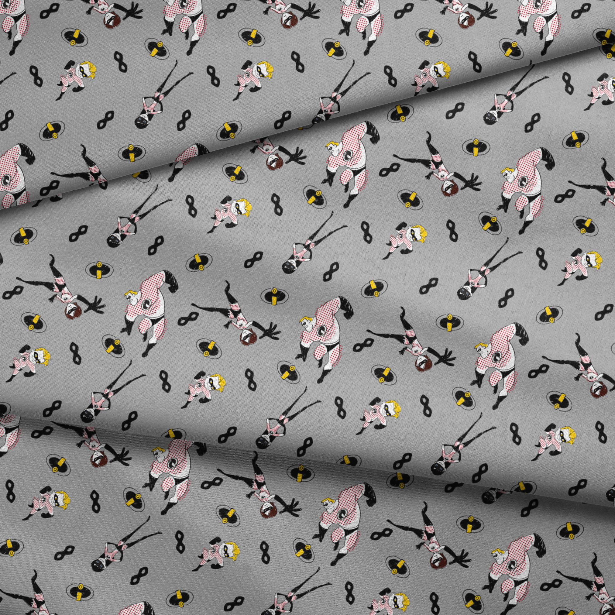 The Incredibles in black and white suits with yellow emblems scattered on gray background with masks fabric fold mockup