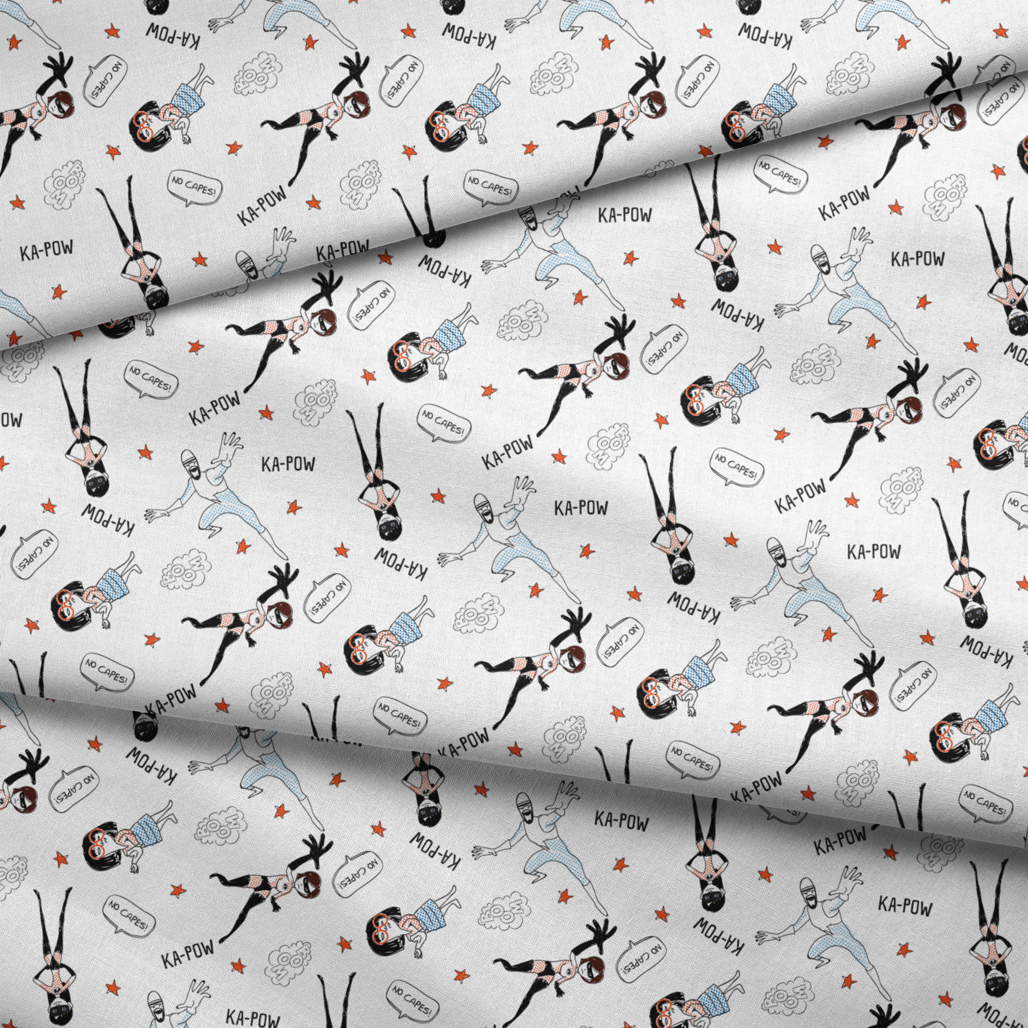 The Incredibles in dynamic poses with comic book sound effects like "KA-POW" on white background with orange stars fabric fold mockup