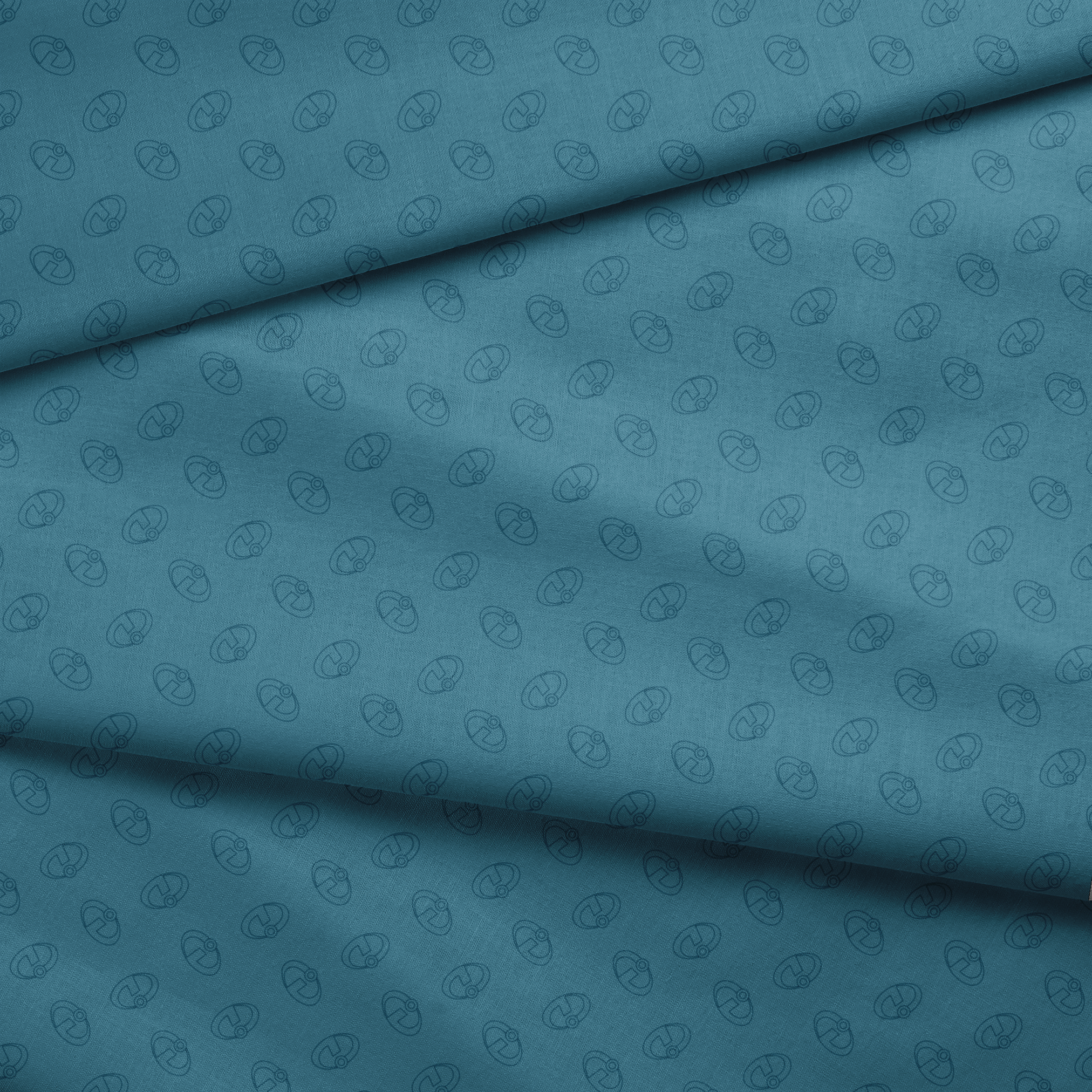 Abstract blue background with The Incredibles logos in repeating pattern fabric fold mockup