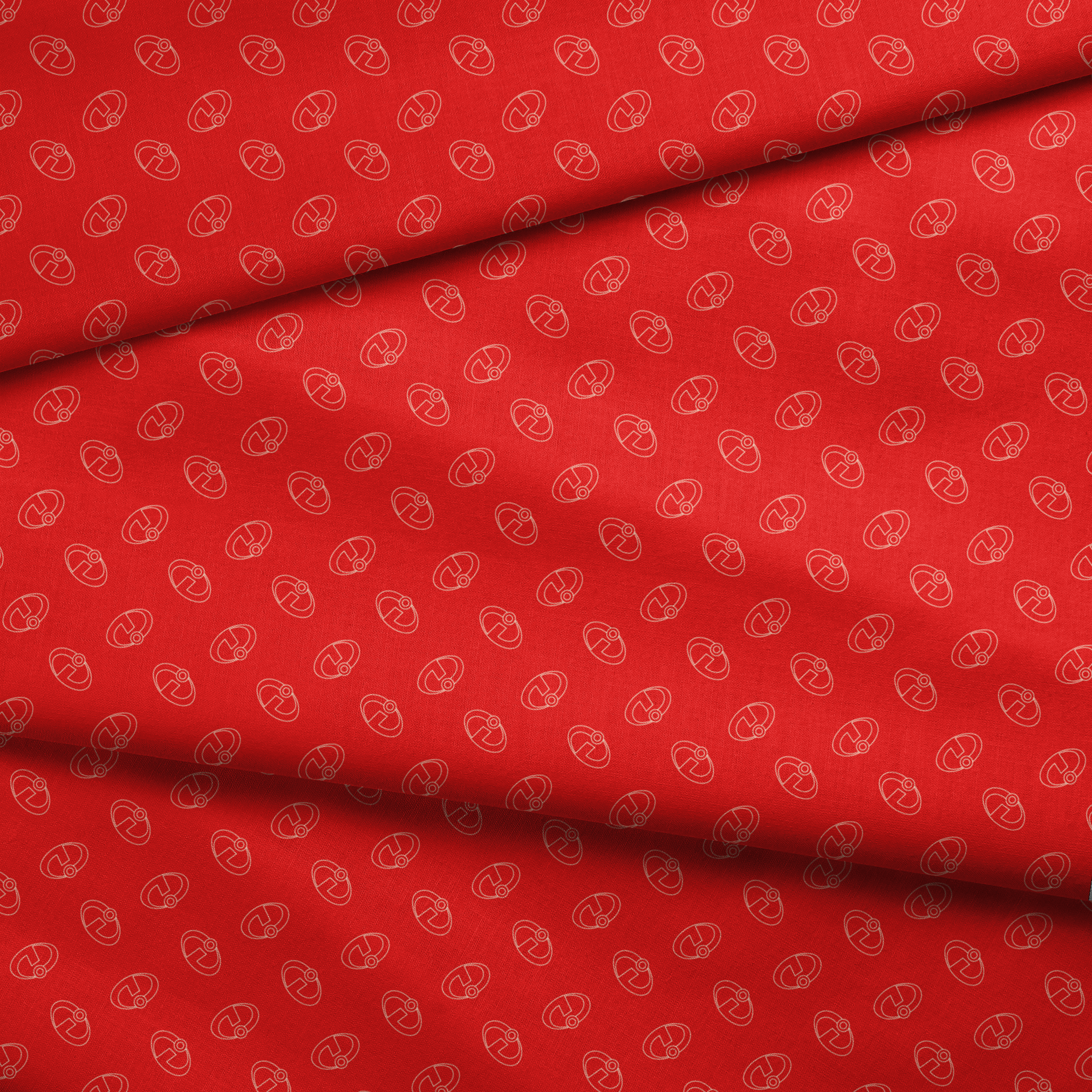 Red background with The Incredibles logos in a repeating pattern fabric fold mockup