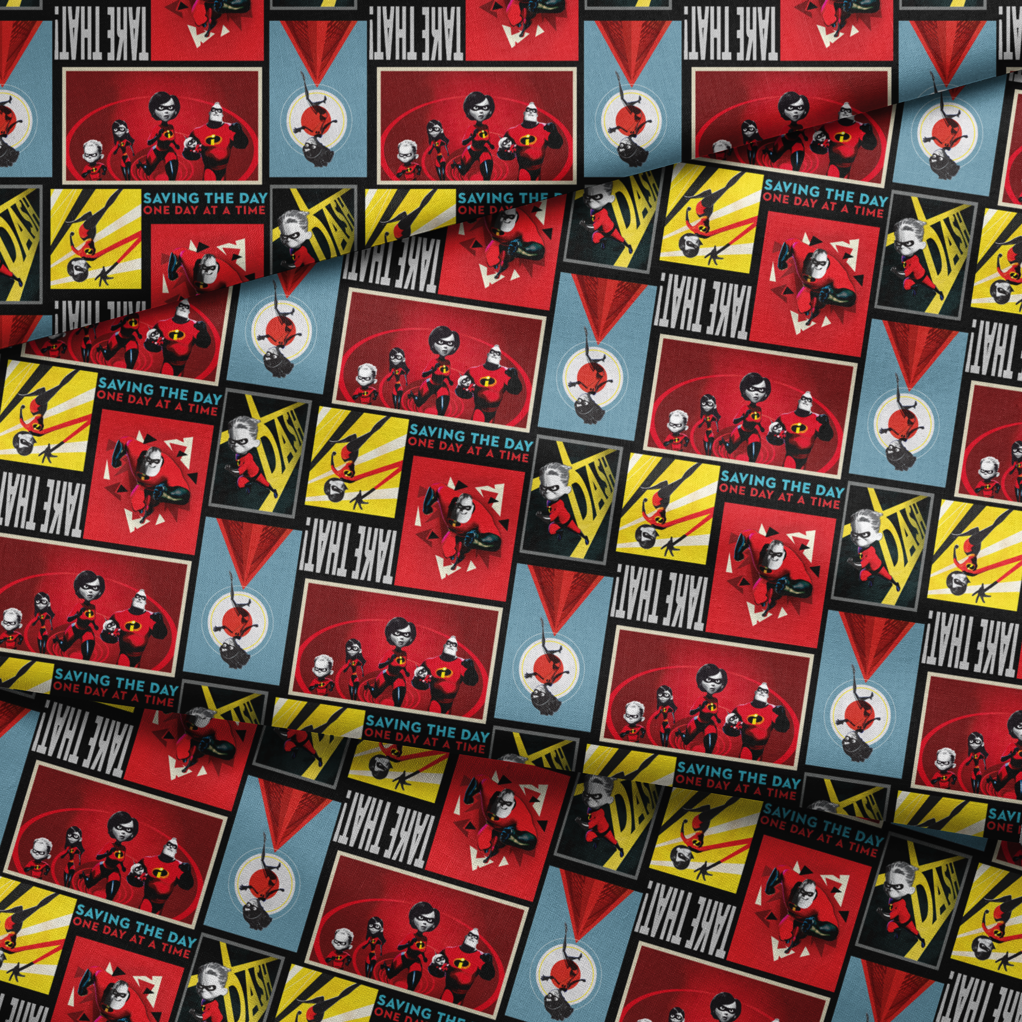 Incredibles superhero family comic style artwork with "Saving the Day One Day at a Time" text fabric fold mockup