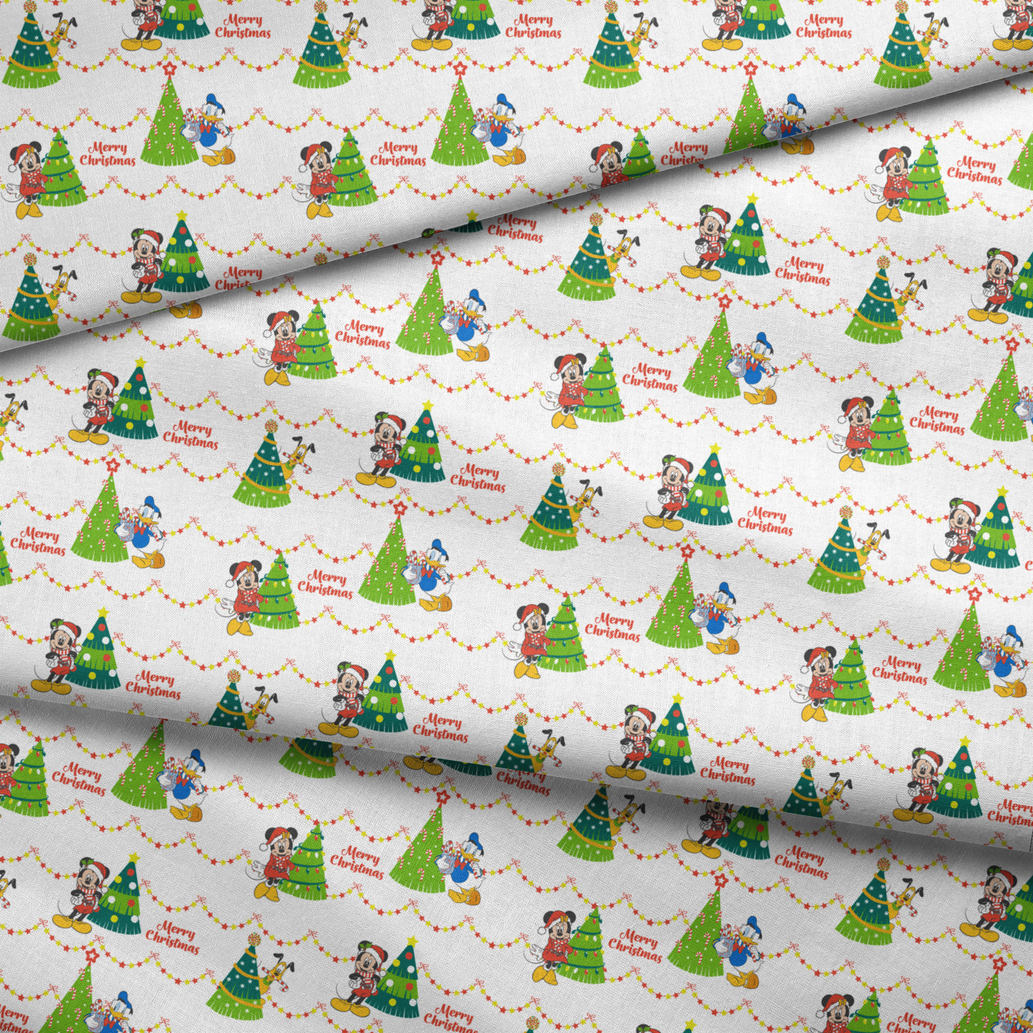Disney Christmas pattern with Mickey, Minnie, and Donald beside decorated trees with star garland borders fabric fold mockup