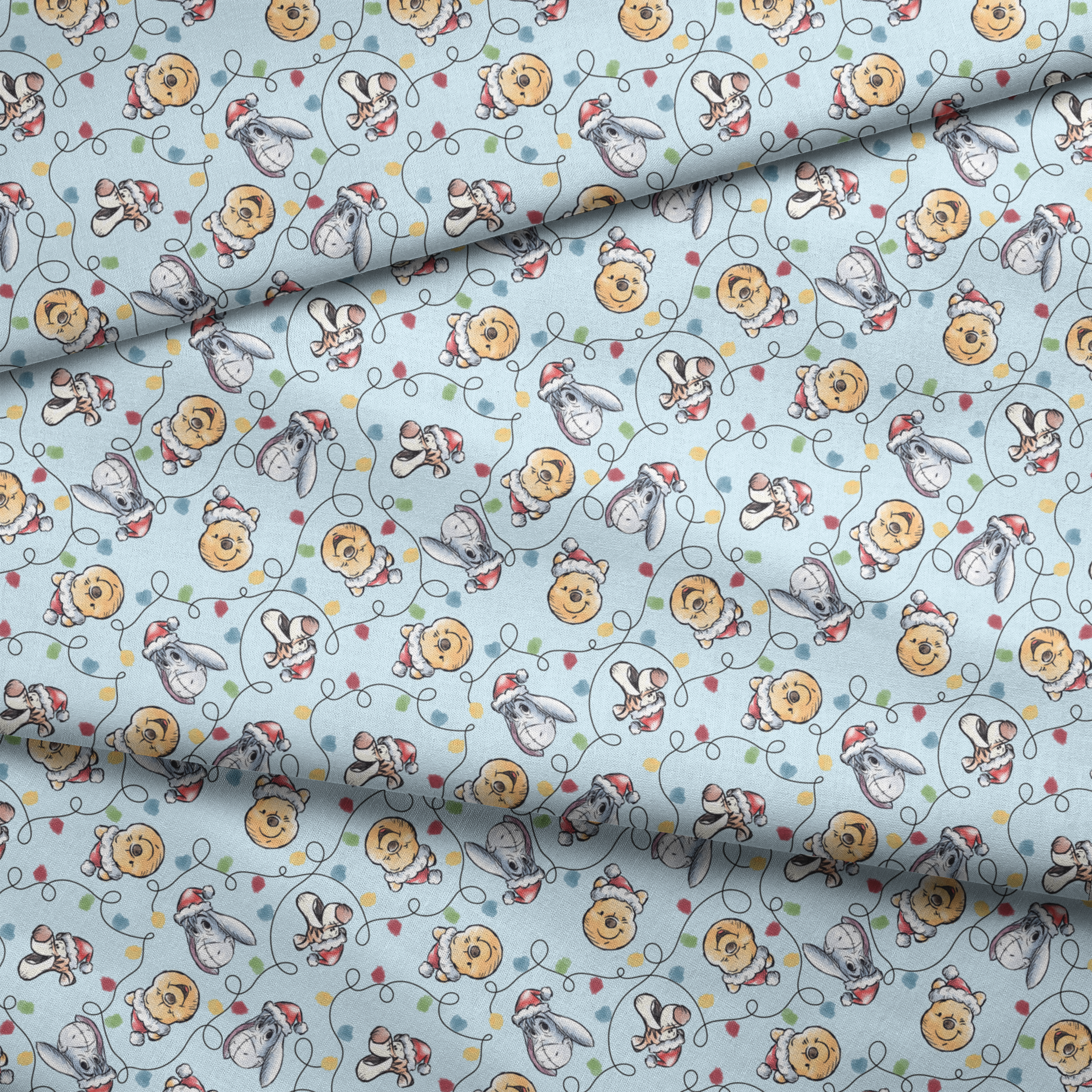 Winnie the Pooh Christmas pattern with Pooh bear, Eeyore, and Tigger in Santa hats on blue background fabric fold mockup