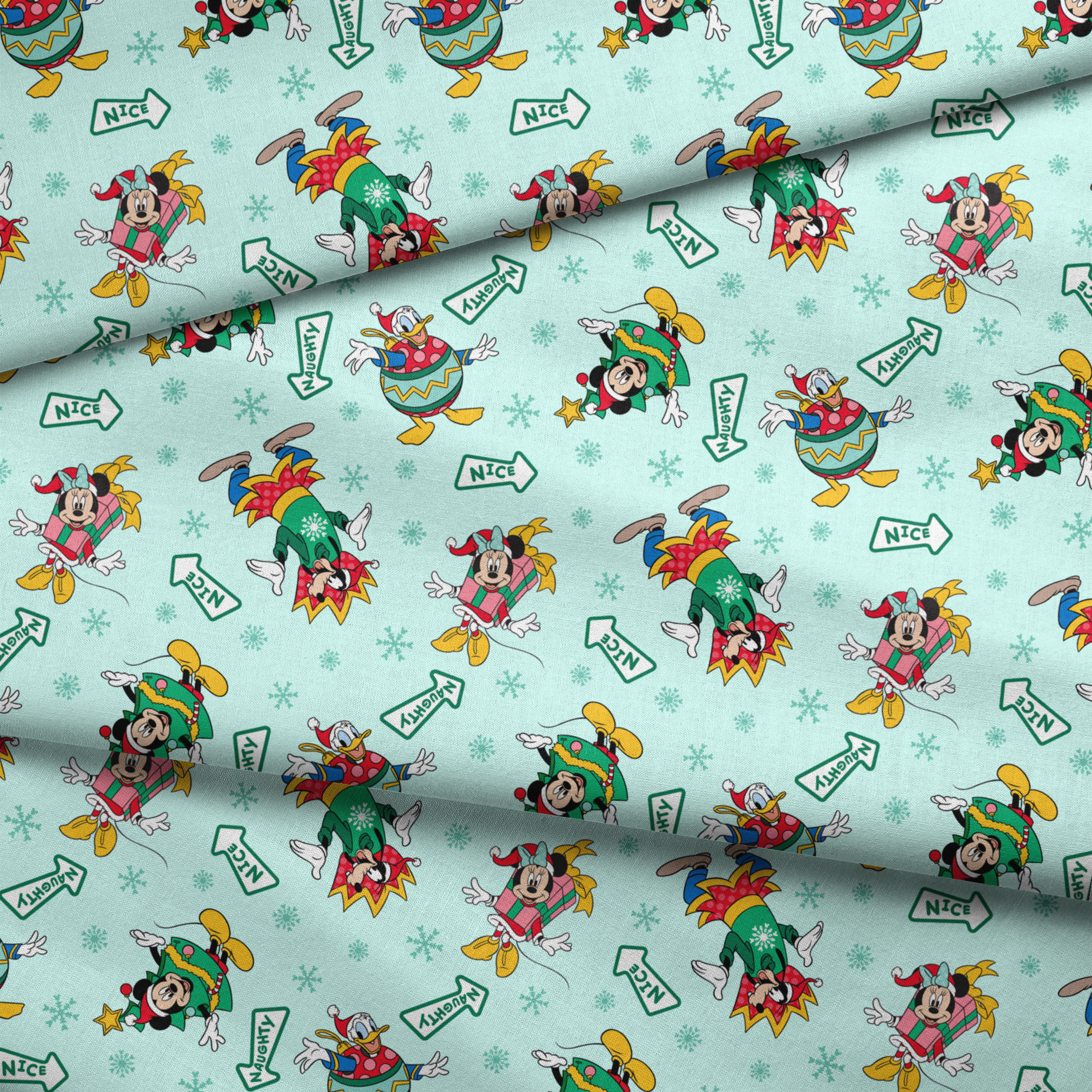 Disney character pattern with Minnie and Mickey in festive holiday outfits on light blue background with snowflakes and "Nice" signs. fabric fold mockup