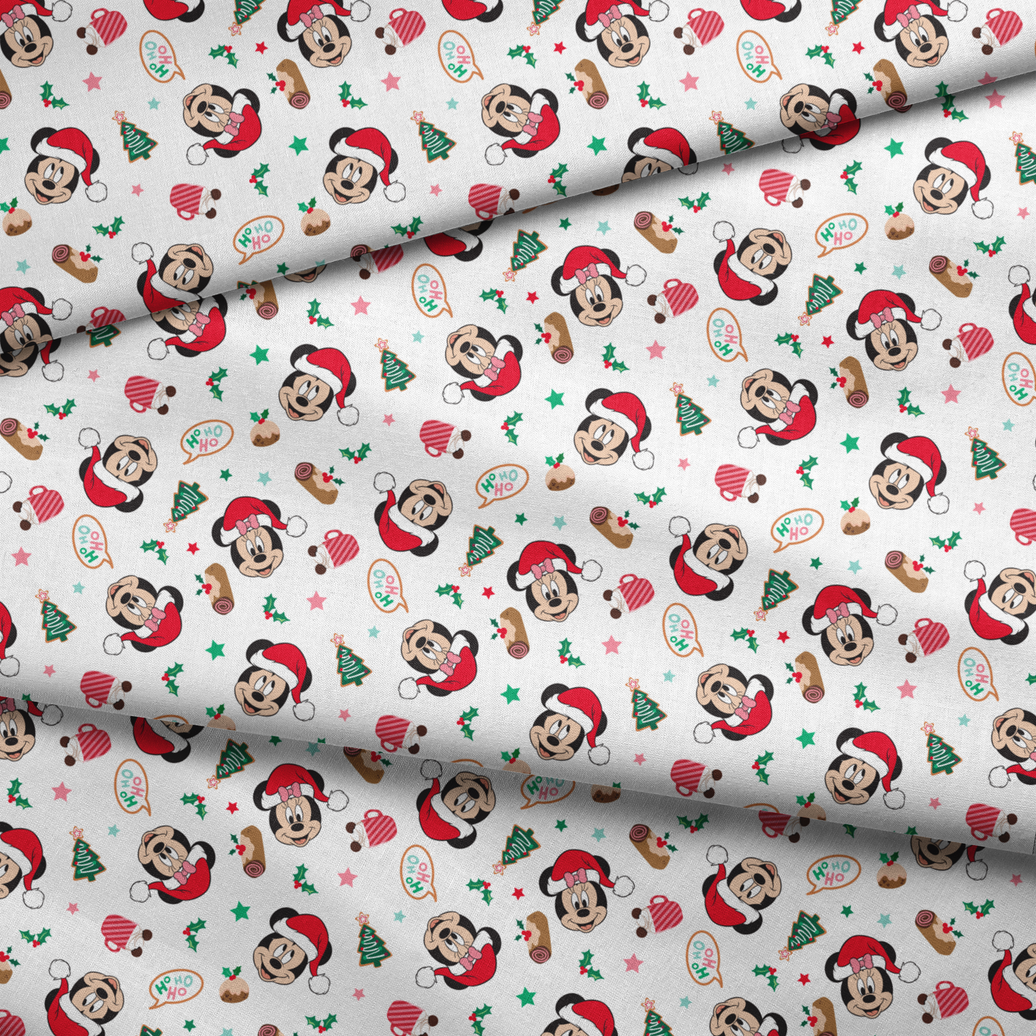 Mickey Mouse Christmas pattern with Santa hats, holly, speech bubbles, and festive decorations on white background fabric fold mockup