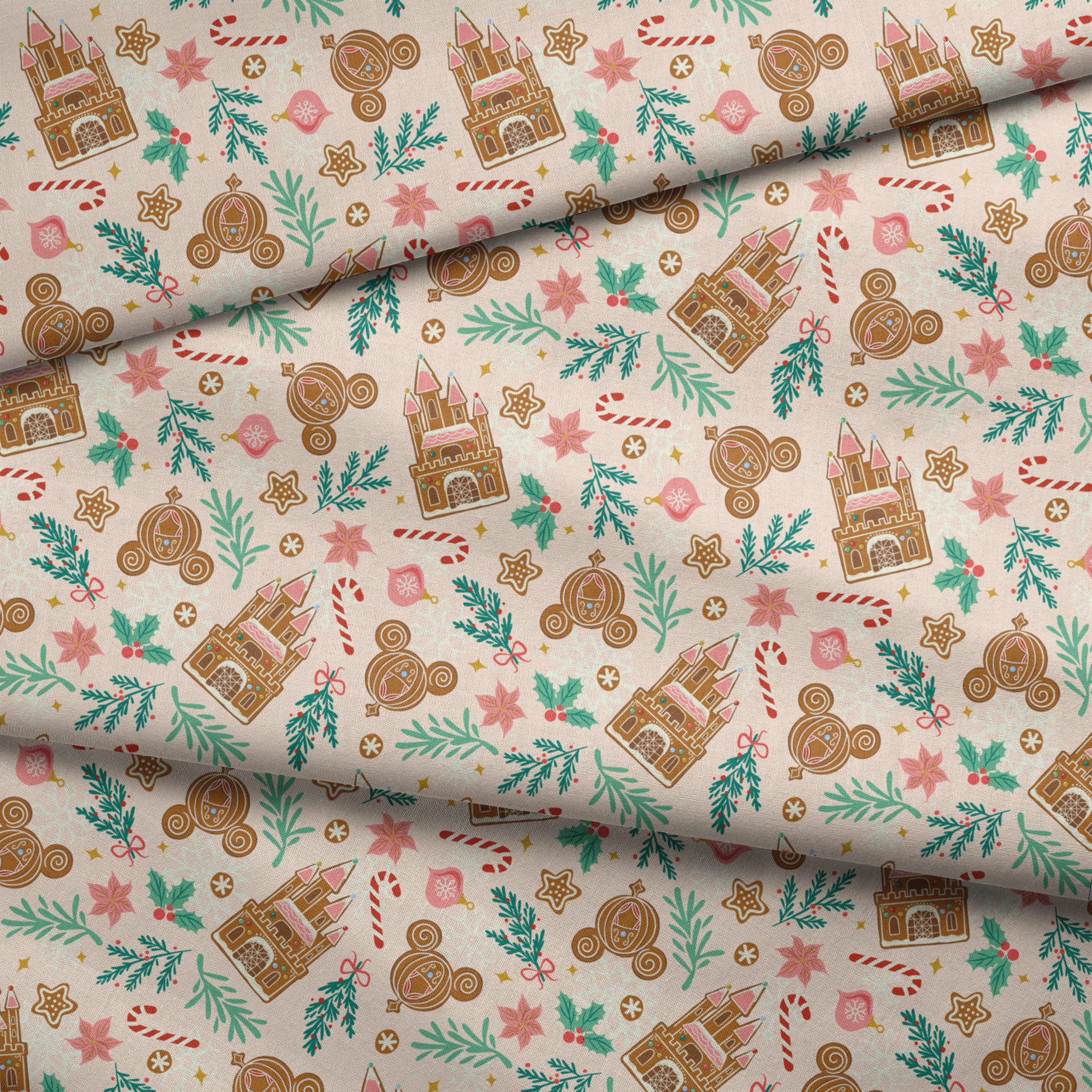 Disney Christmas pattern with gingerbread castles, carriages, candy canes, stars, and pine sprigs in holiday colors fabric fold mockup