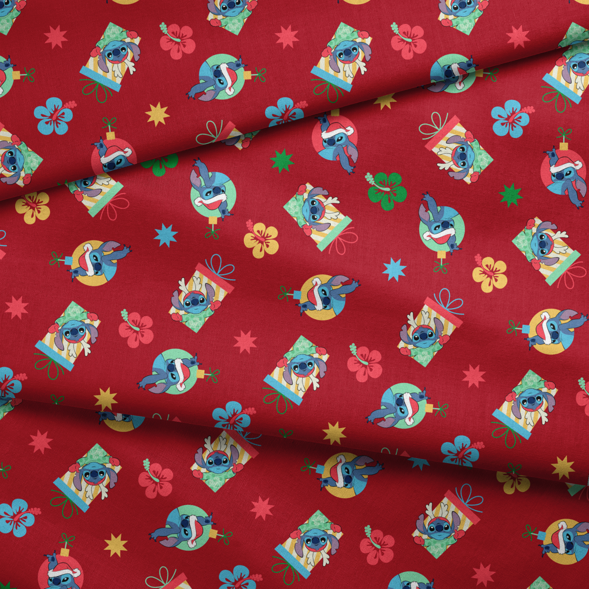 Disney Stitch pattern on red background with flowers and decorative elements fabric fold mockup
