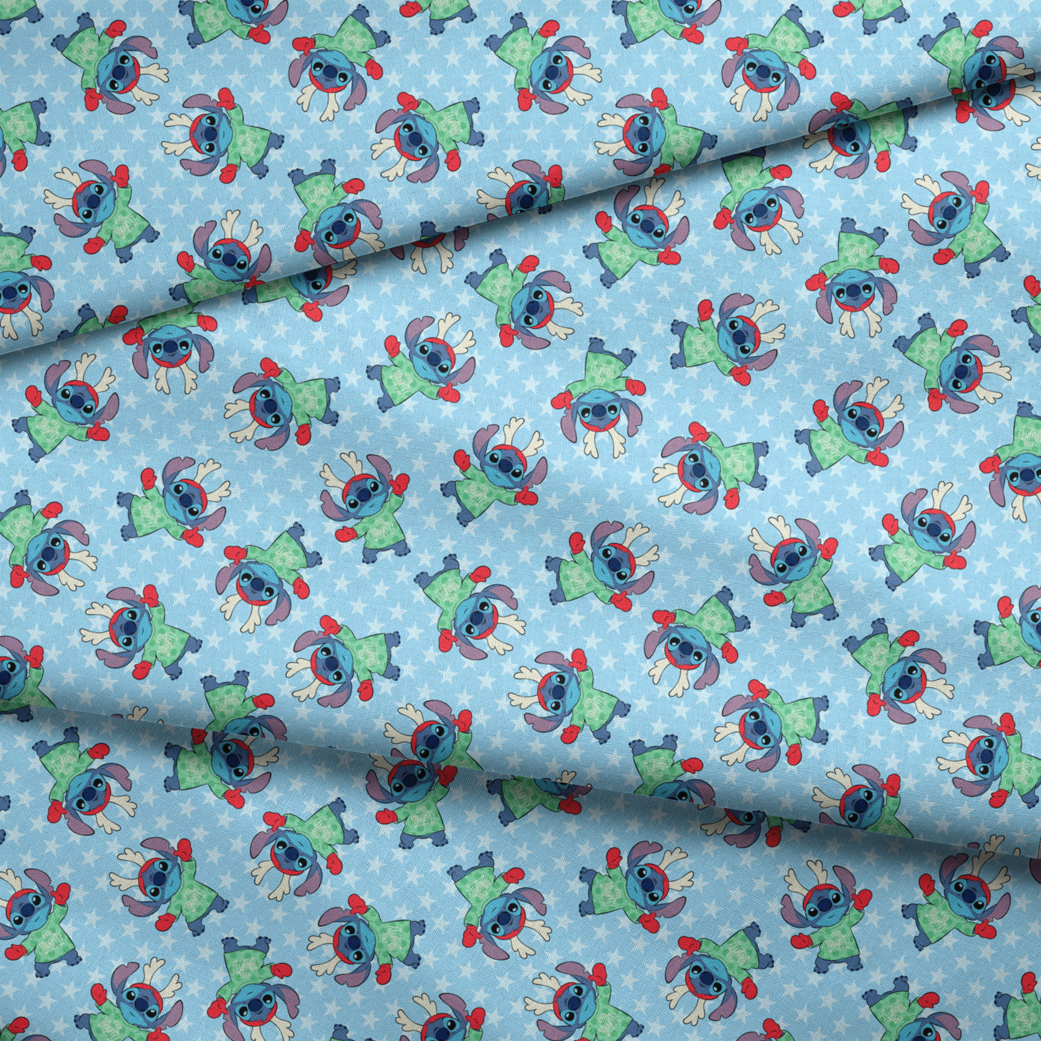 A repeating pattern of Disney's Stitch in holiday outfits with Christmas trees on light blue snowflake background. fabric fold mockup