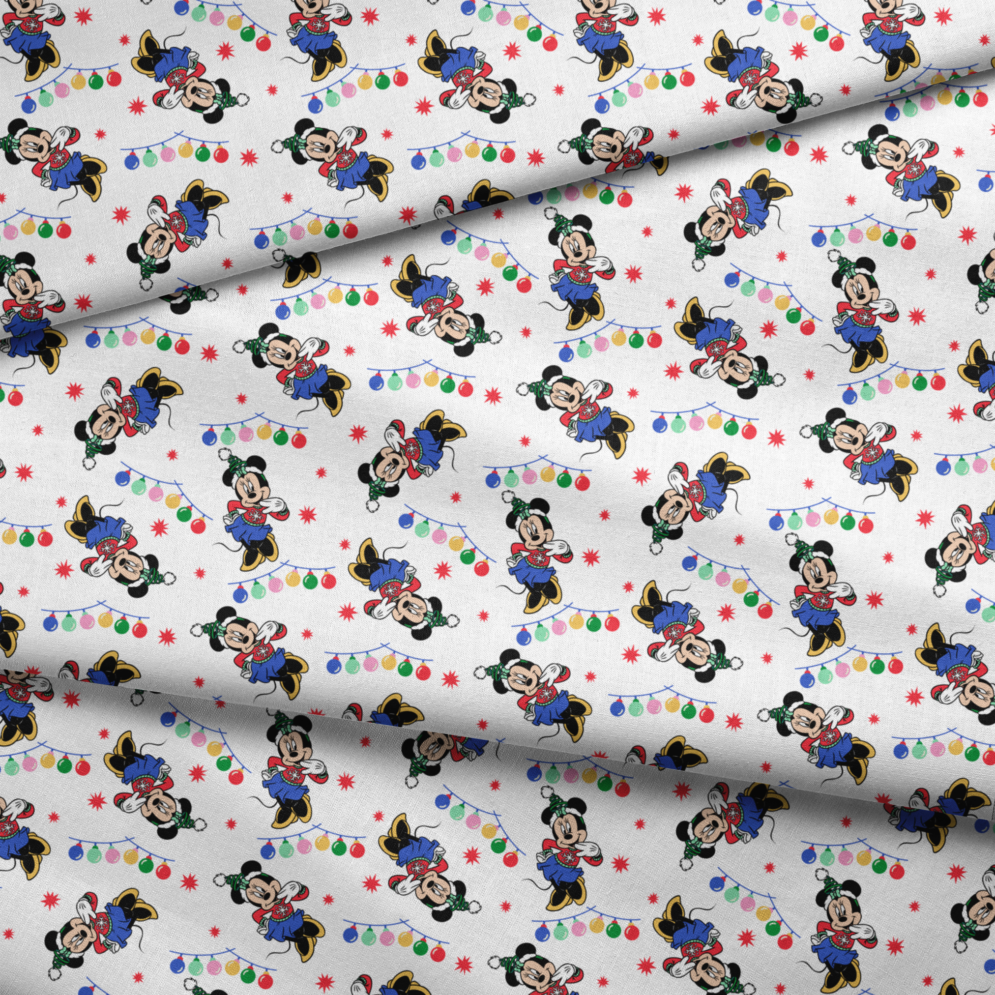 Minnie Mouse in Santa hats with blue outfits surrounded by colorful string lights and red stars on white background fabric fold mockup