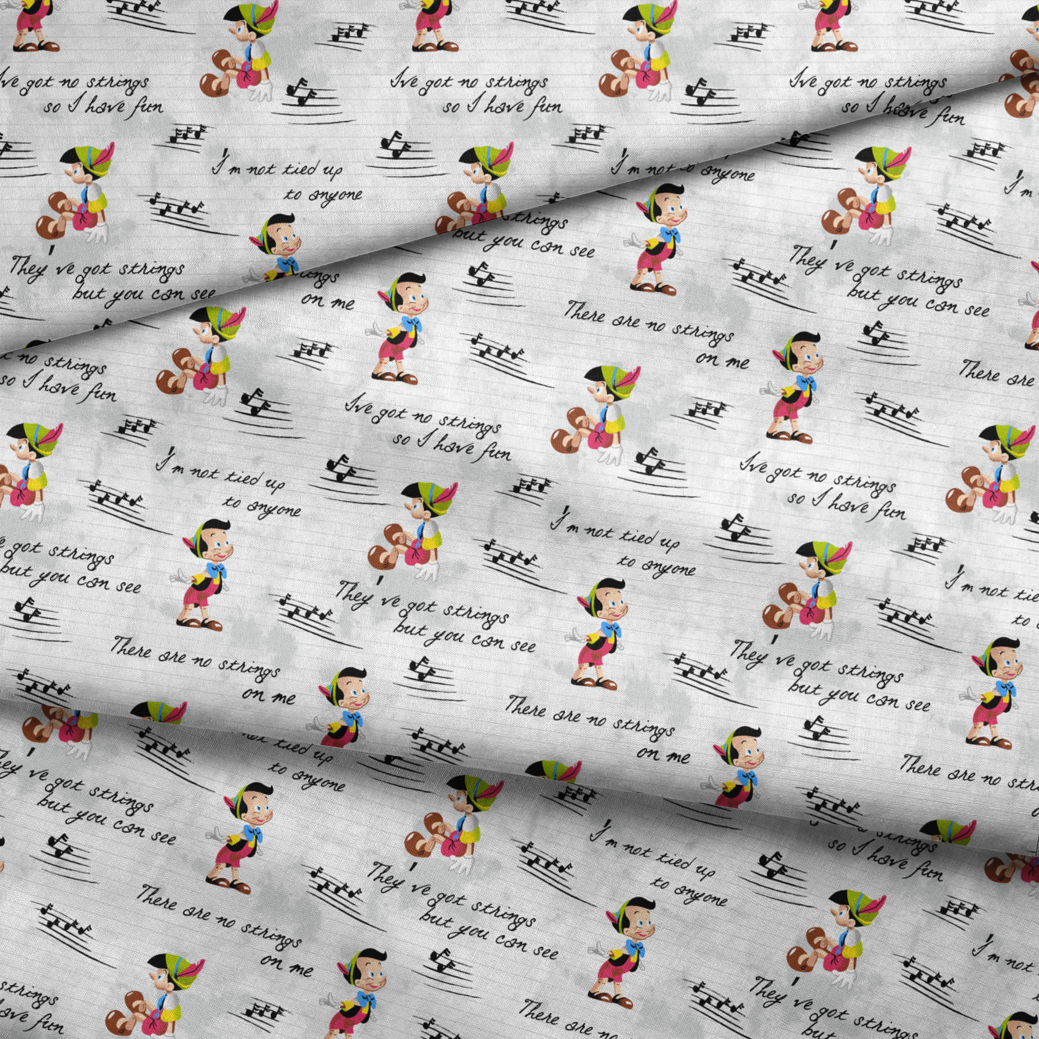 Cartoon characters on a light gray background with musical notes and phrases about strings fabric fold mockup