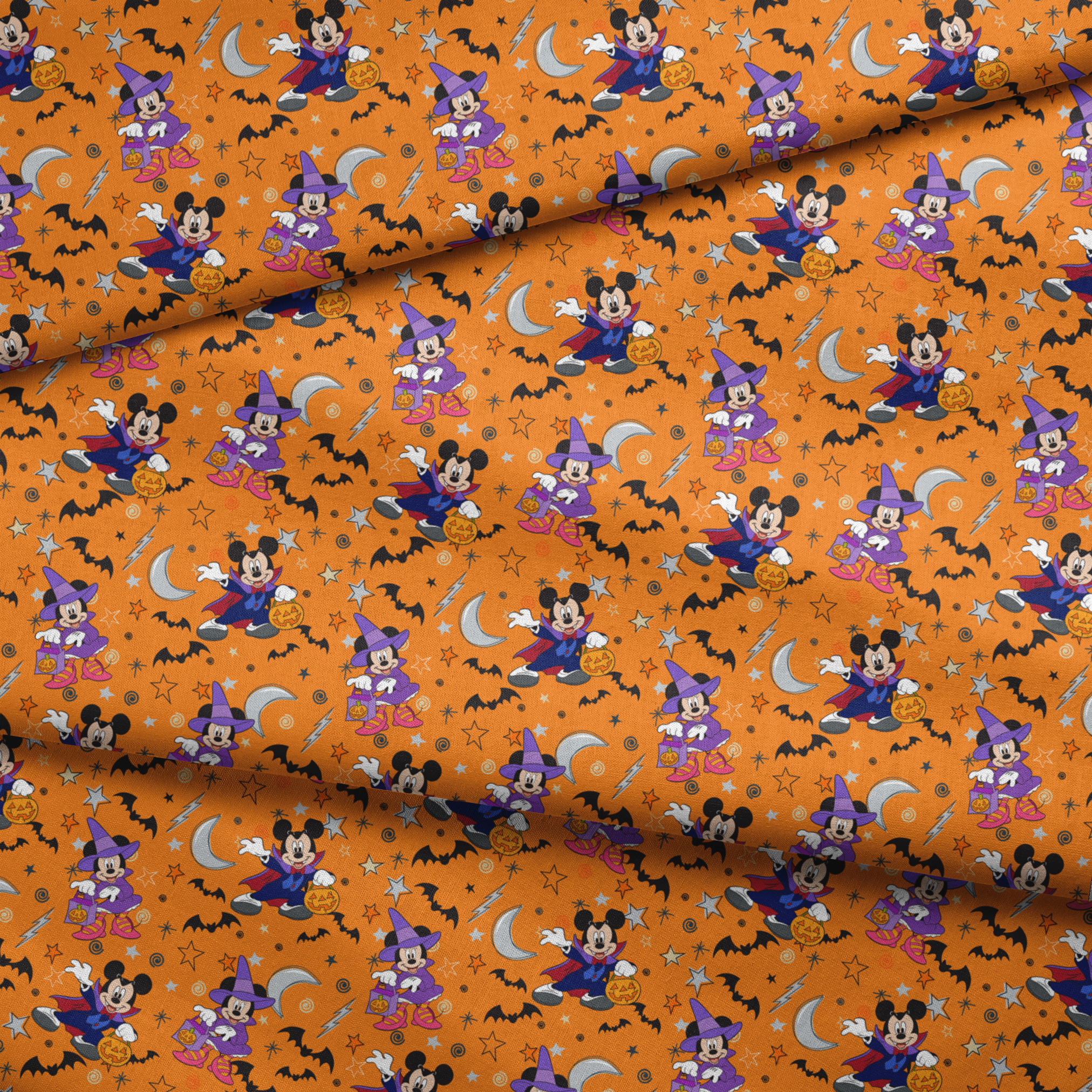 Halloween-themed cartoon pattern with Disney characters in costumes, bats, stars, moons, and ghosts on orange background. fabric fold mockup