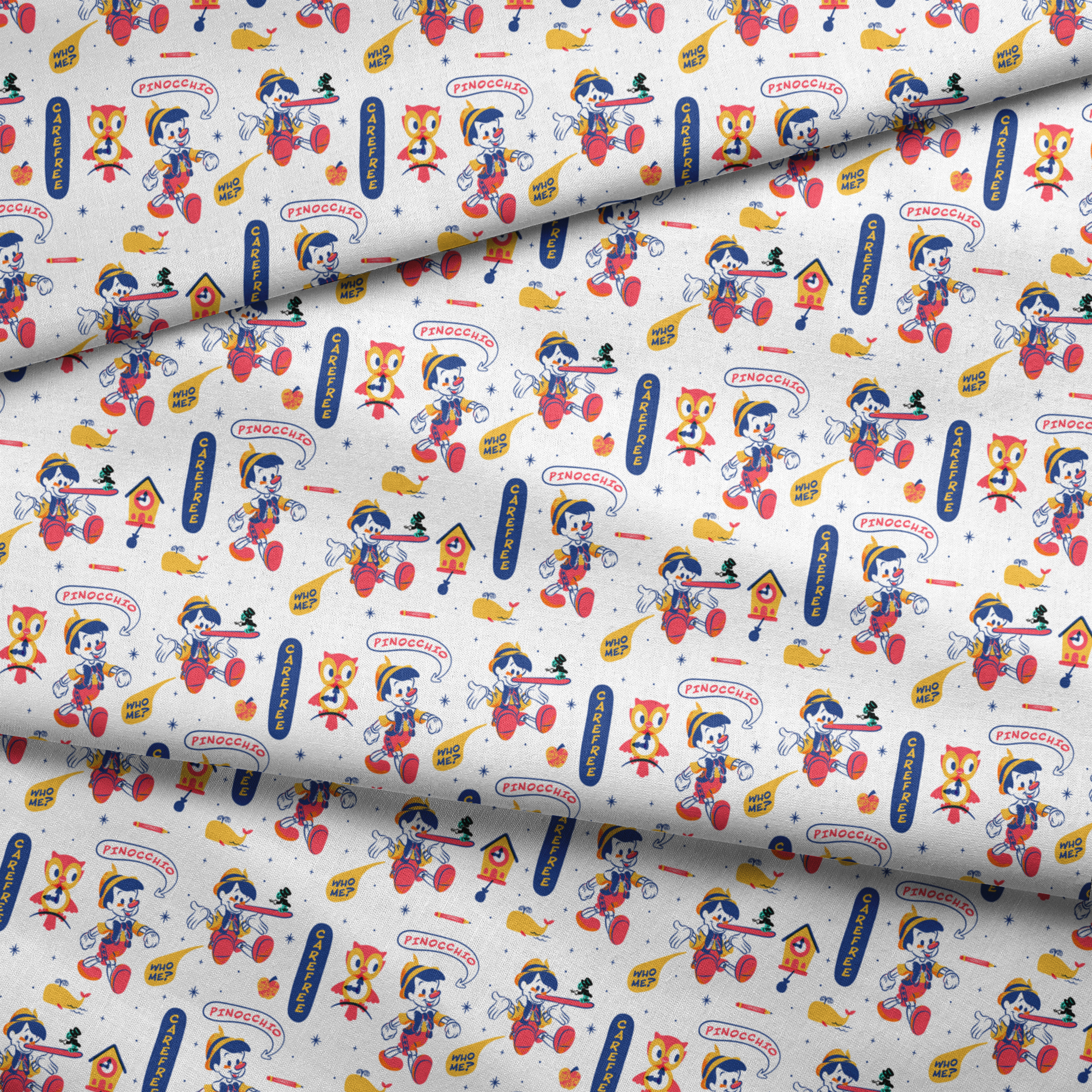 Colorful cartoon pattern featuring Pinocchio characters, whales, and text elements on white background fabric fold mockup