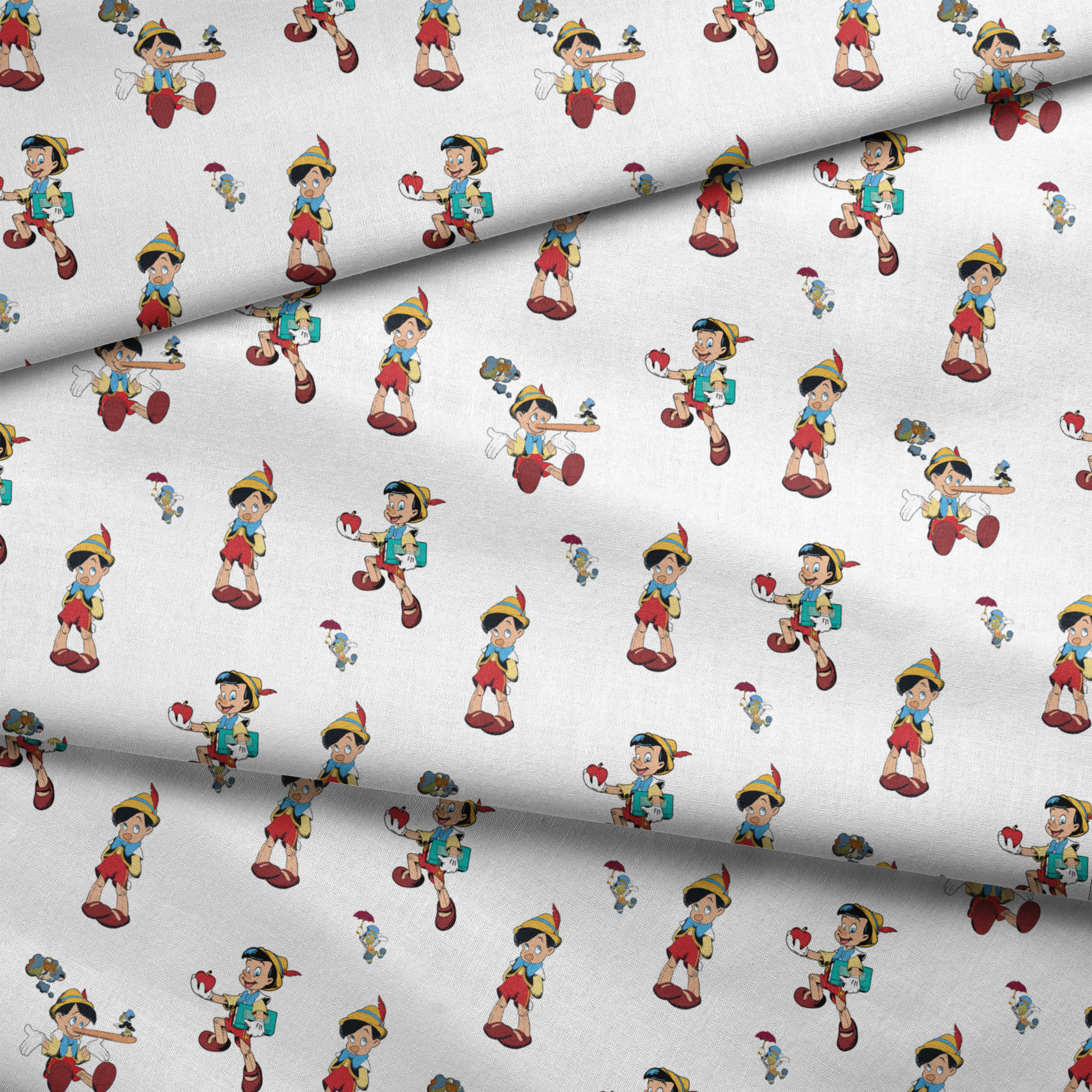Repeating pattern of cartoon wooden puppet character with pointed hat in various poses fabric fold mockup