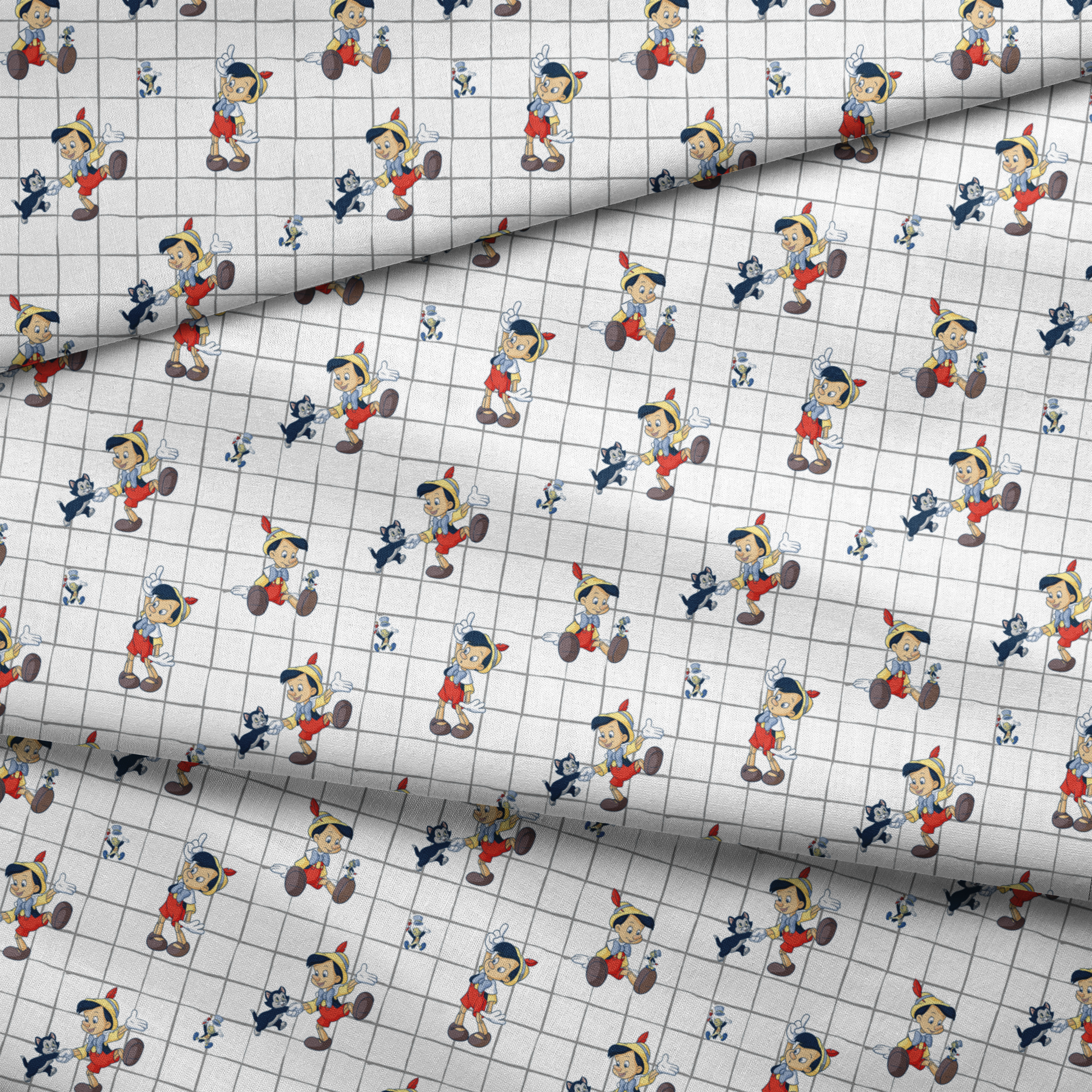 Classic cartoon puppets with red shorts, yellow hats on white grid pattern with small black cat figures fabric fold mockup