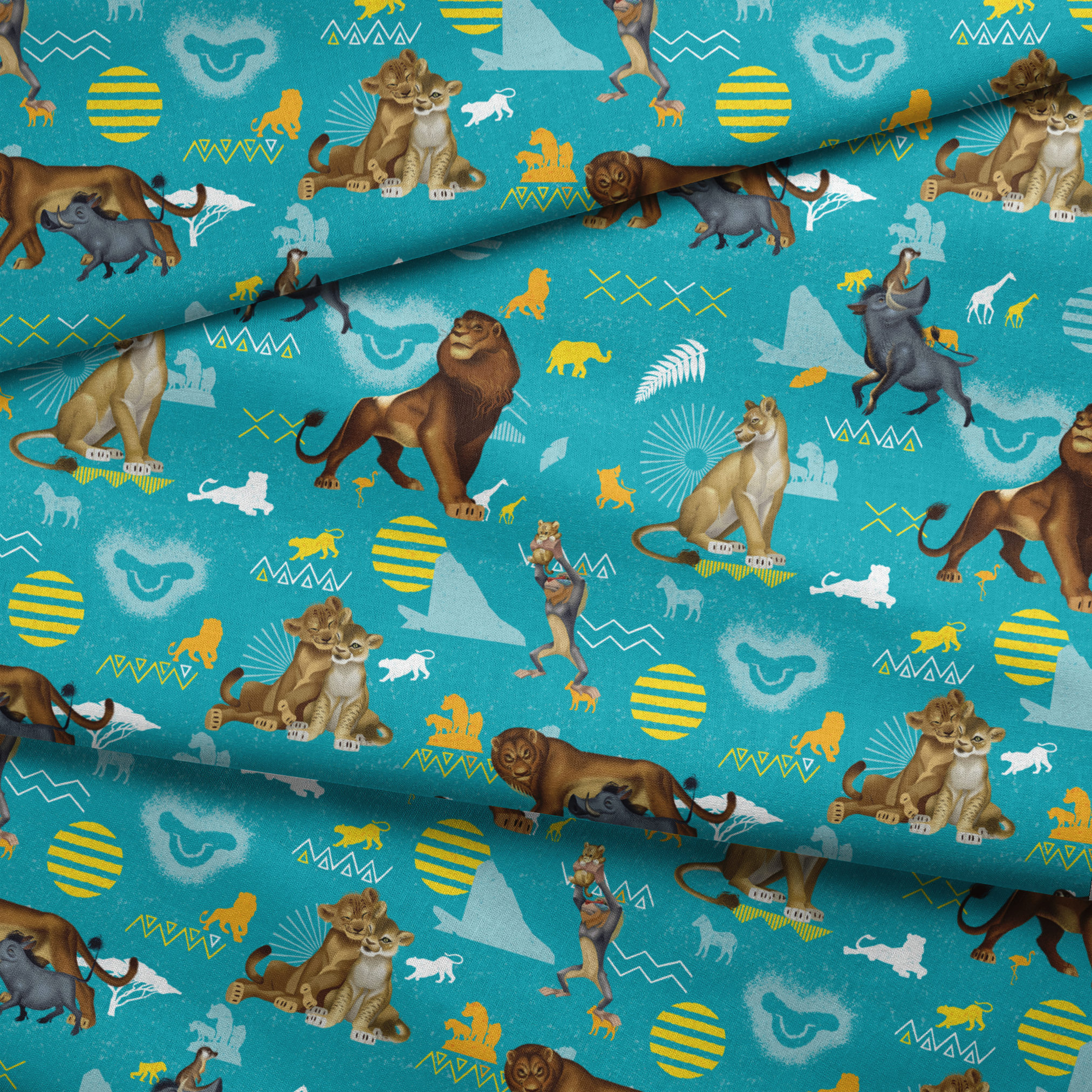 Animated lions pattern on turquoise background with geometric shapes and tribal designs fabric fold mockup