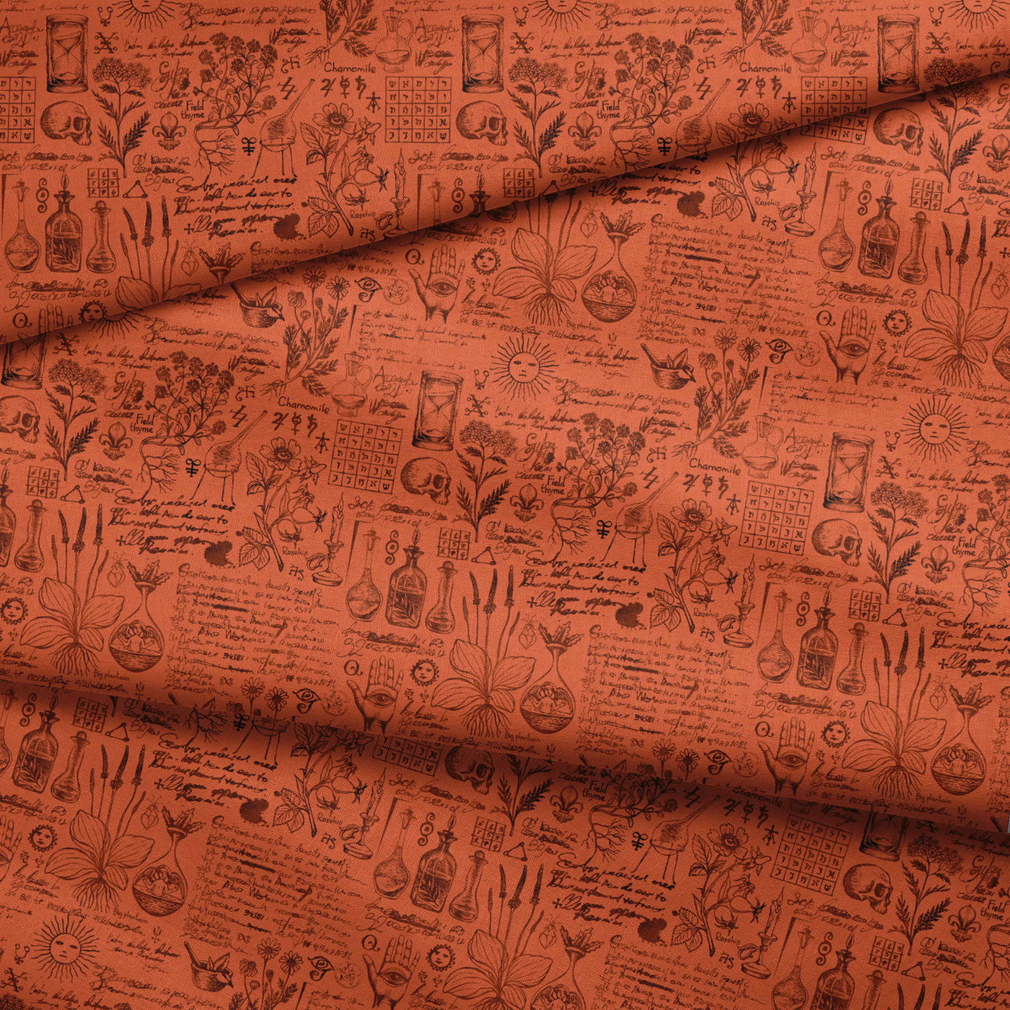 Red-orange Halloween background with vintage alchemical drawings, botanical sketches, symbols, handwritten notes, and mystical elements arranged like an ancient manuscript page. fabric fold mockup