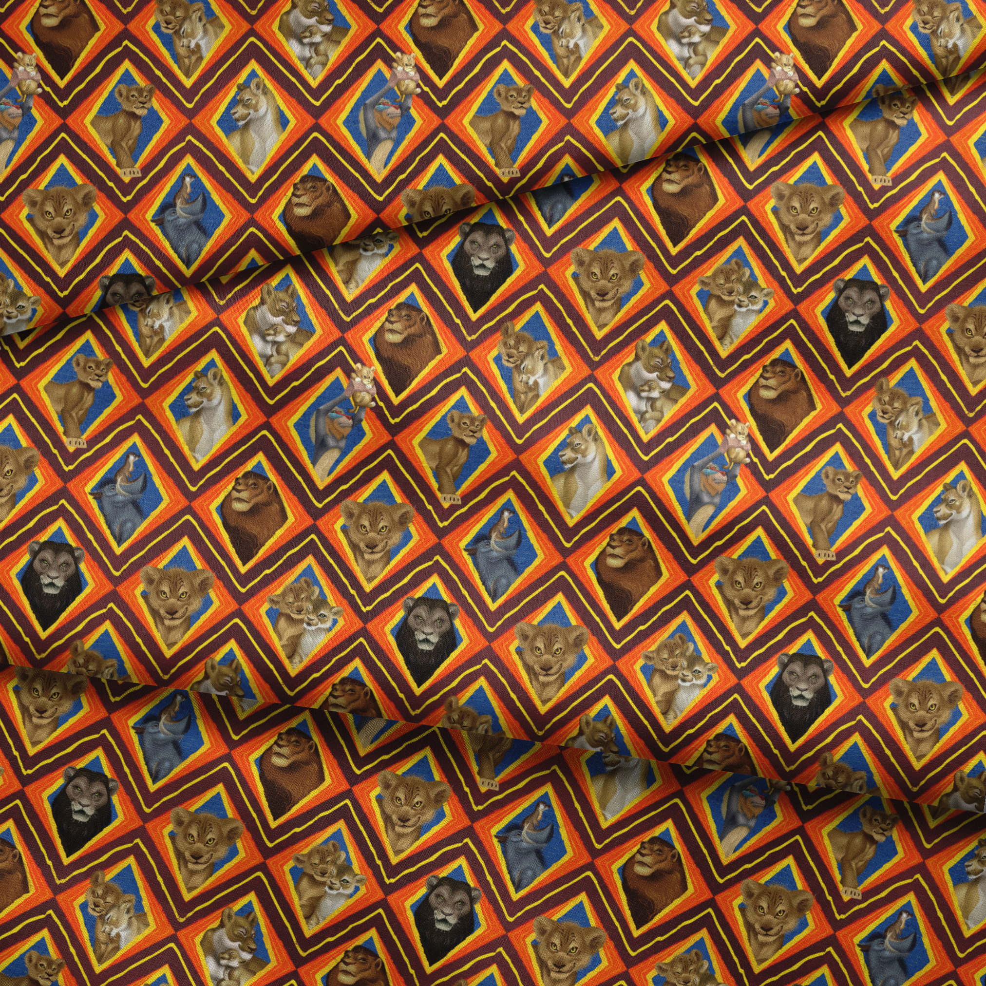 Diamond pattern of illustrated lions with various expressions in brown, tan, and gray against colorful geometric backgrounds. fabric fold mockup