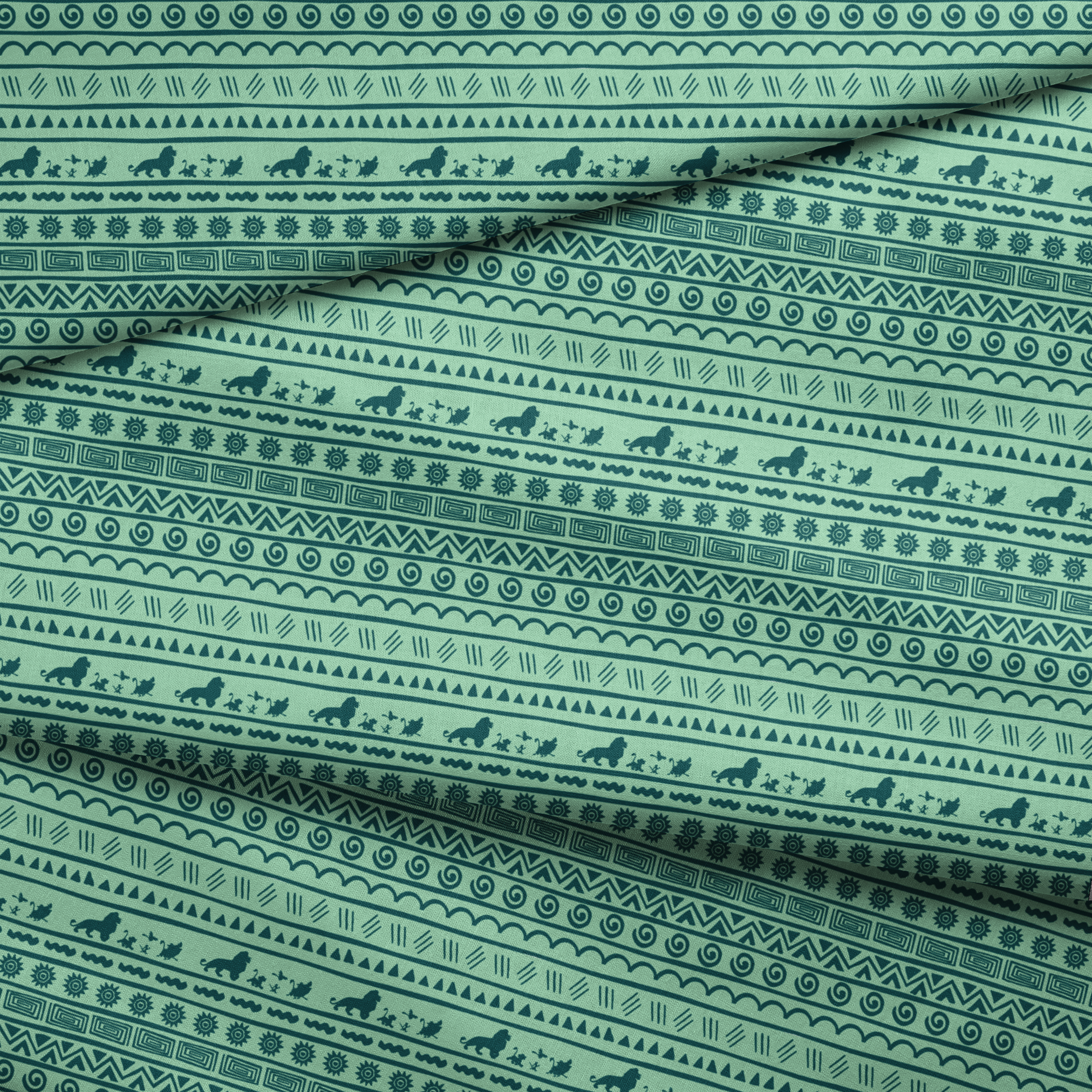 Traditional African-inspired pattern in dark teal on mint green with lions, spirals, triangles, and geometric motifs fabric fold mockup