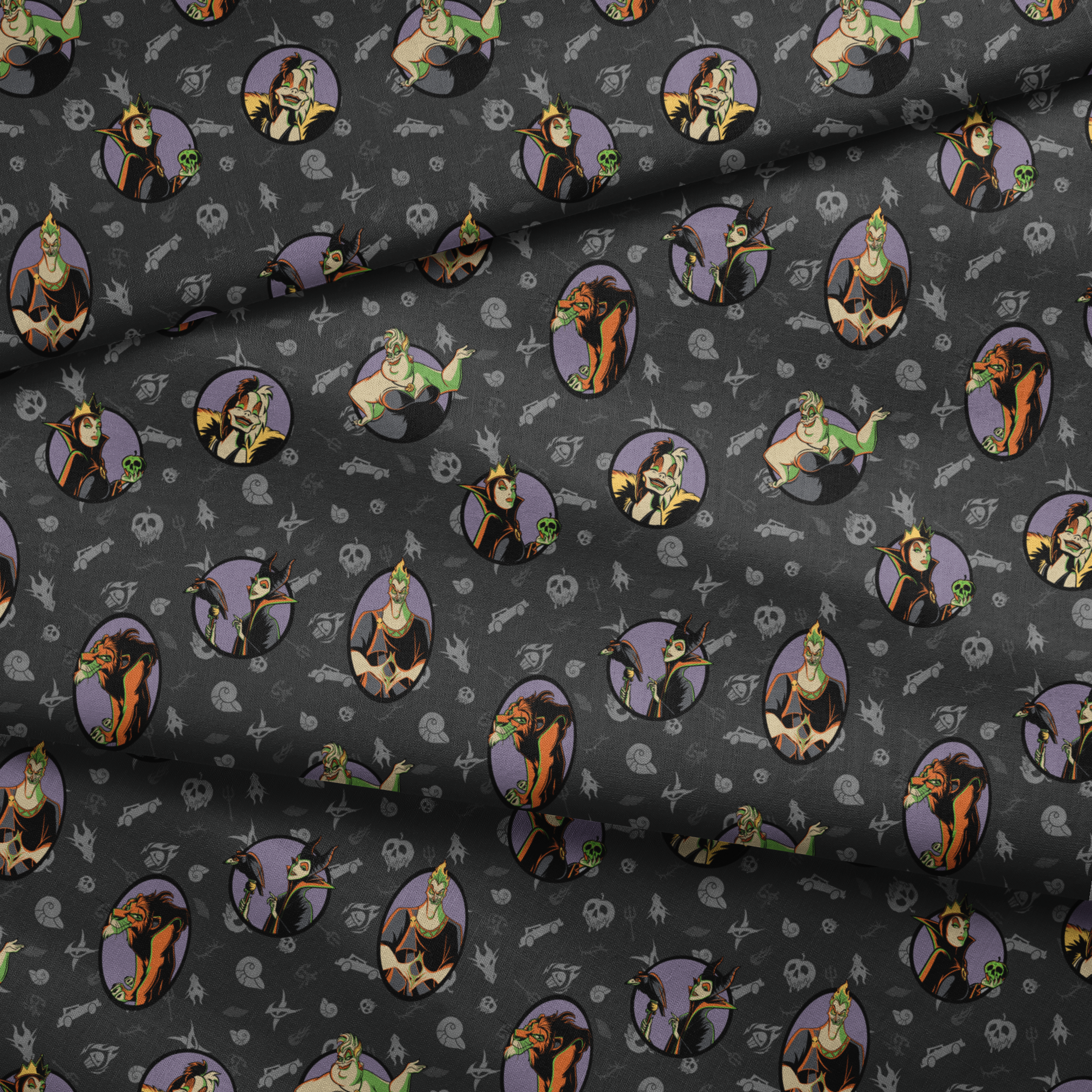 Cartoon Disney villains in purple circles on dark gray background with villain-themed icons fabric fold mockup