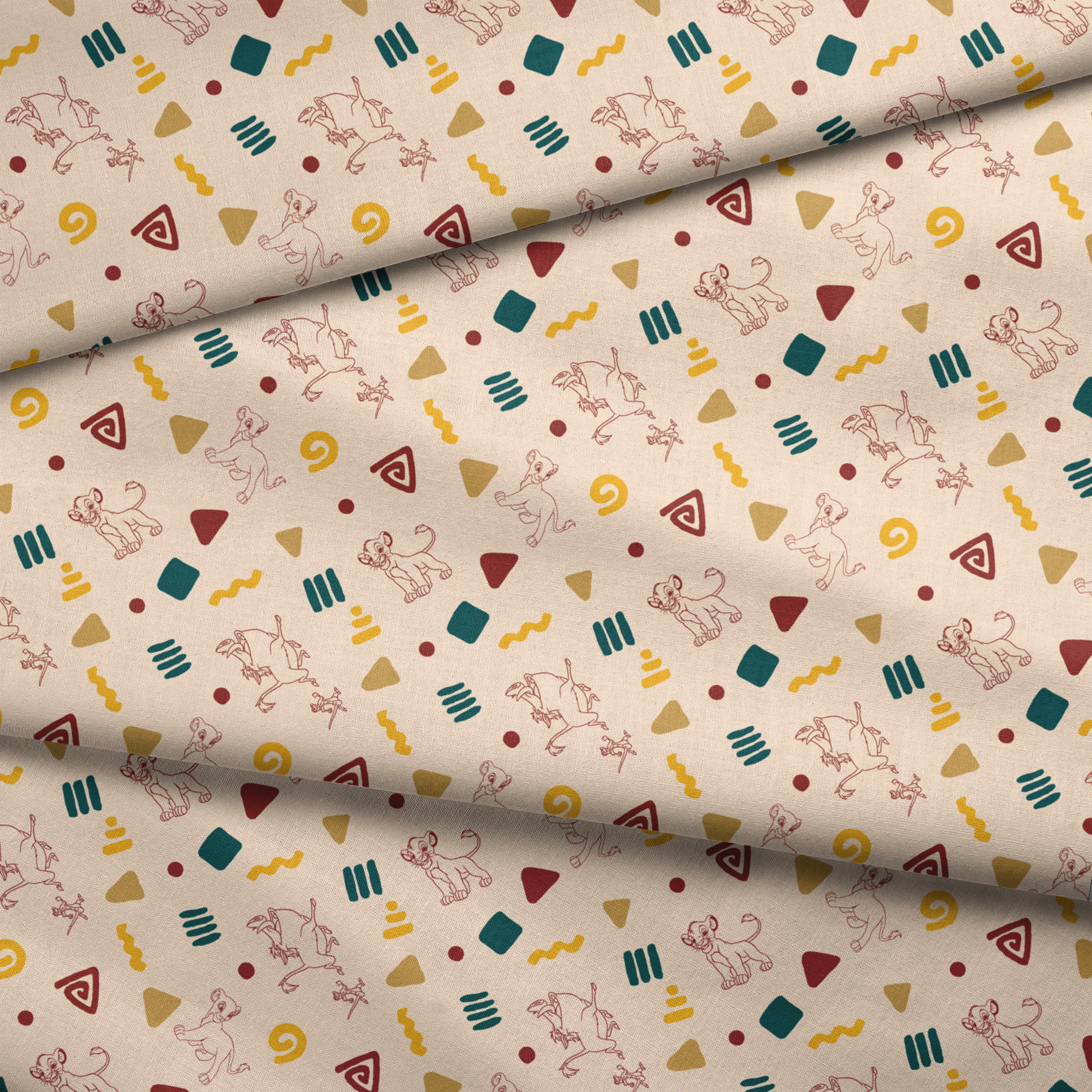 Abstract pattern with line art animal sketches, geometric shapes in teal, yellow, and burgundy on beige background fabric fold mockup