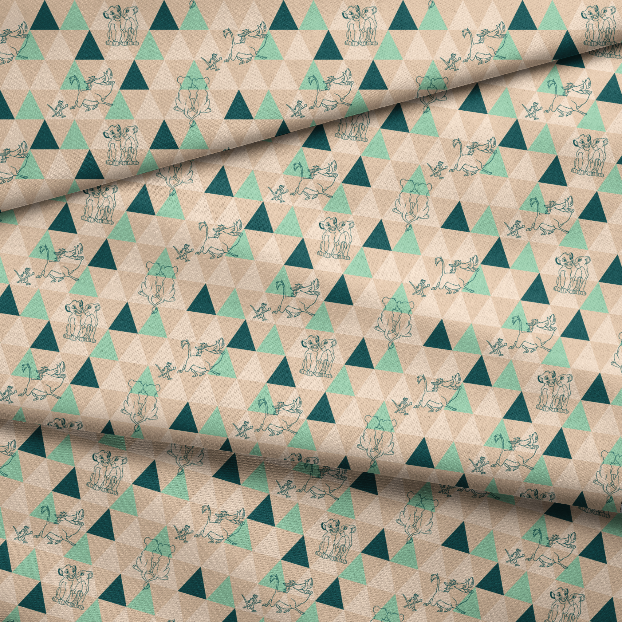 Geometric triangle pattern with stylized animal illustrations in teal and beige, featuring dogs, elephants, and other creatures. fabric fold mockup