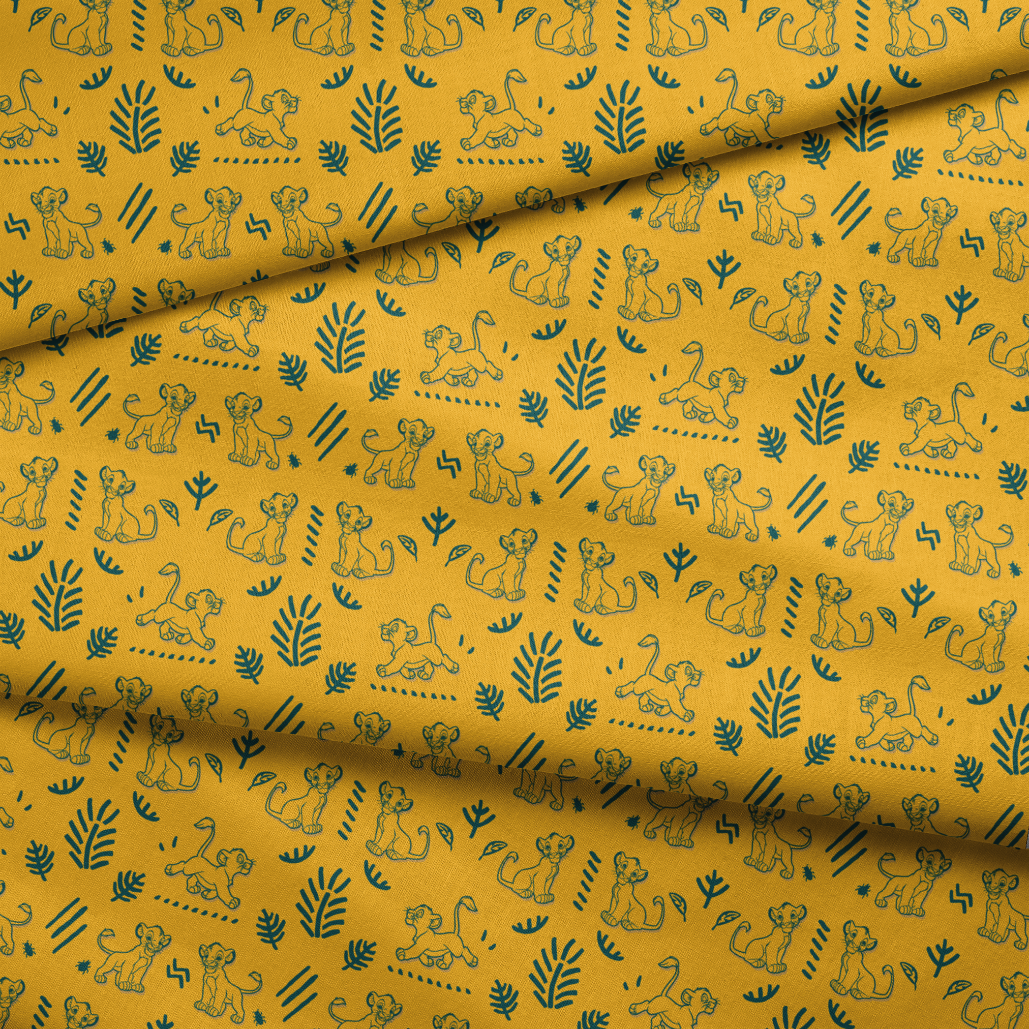 Pattern of cartoon lion cubs with green leaves and decorative elements on bright yellow background fabric fold mockup
