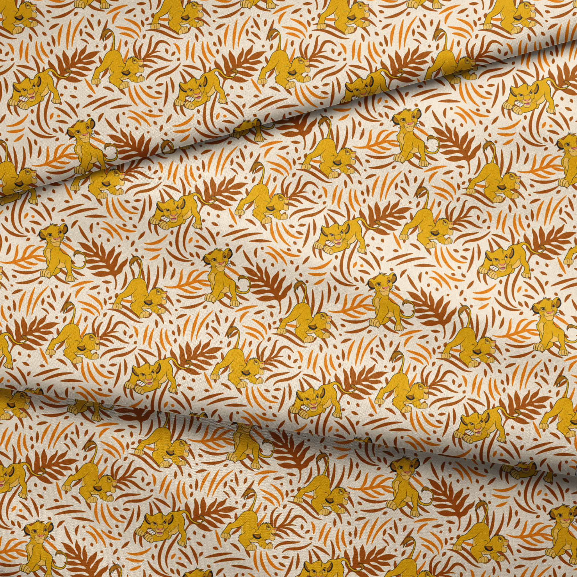 Cartoon lion cubs playing among stylized brown palm leaf pattern on cream background fabric fold mockup