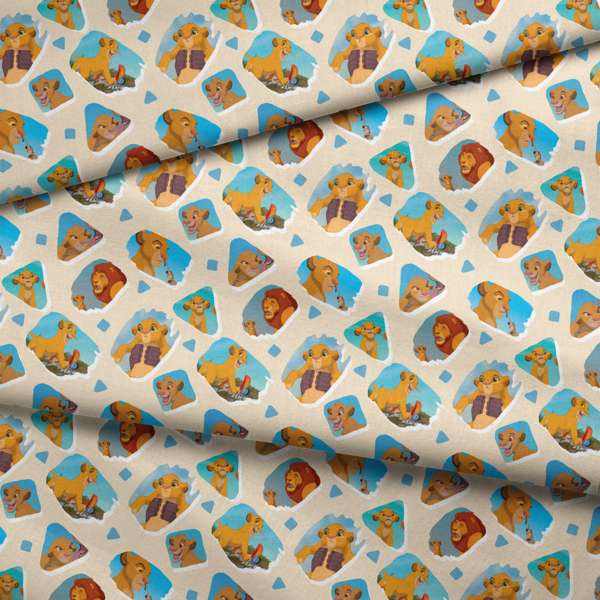 Young lion cub characters from The Lion King in a repeating pattern on cream background fabric fold mockup
