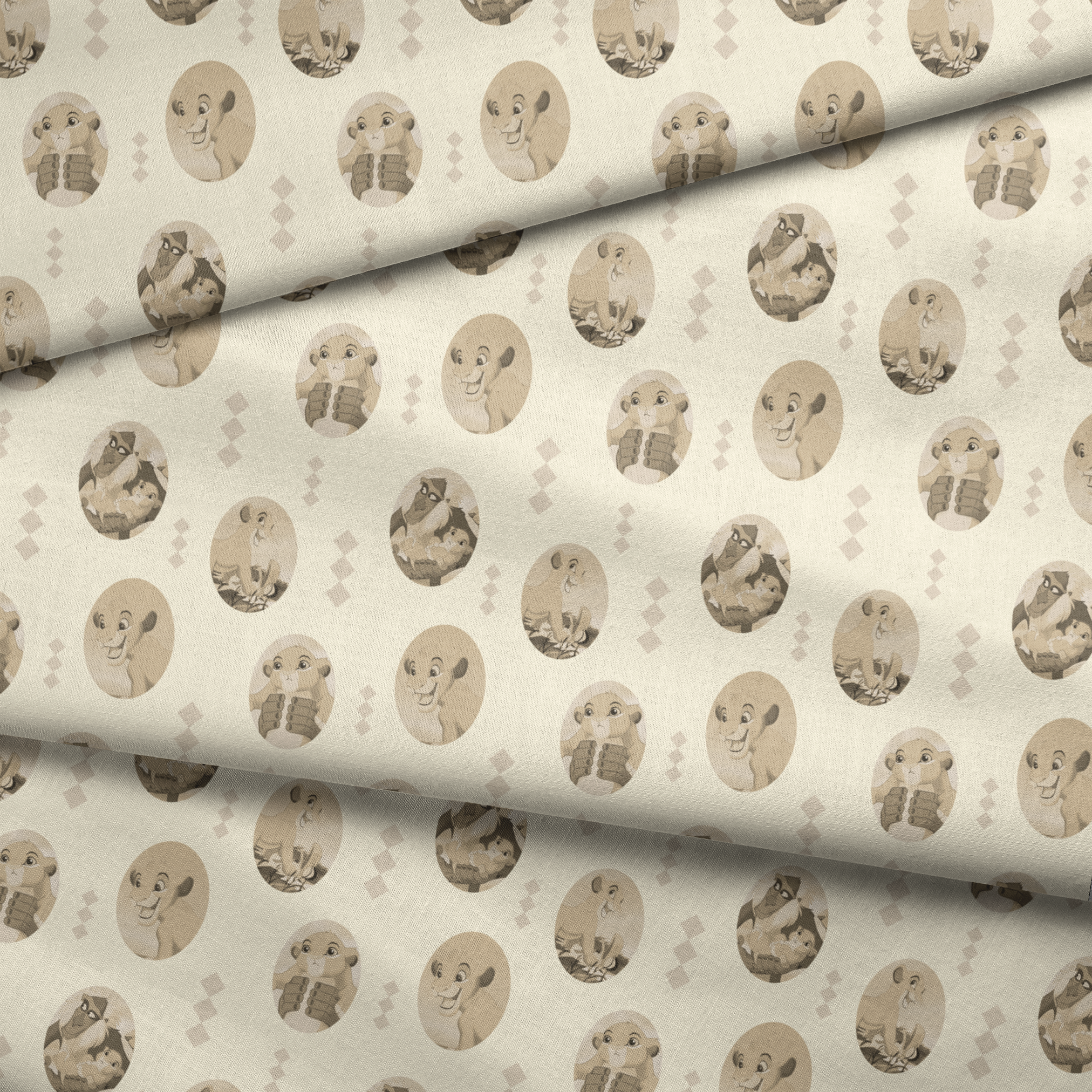 Lion King characters in sepia tone portraits on cream background with diamond pattern fabric fold mockup