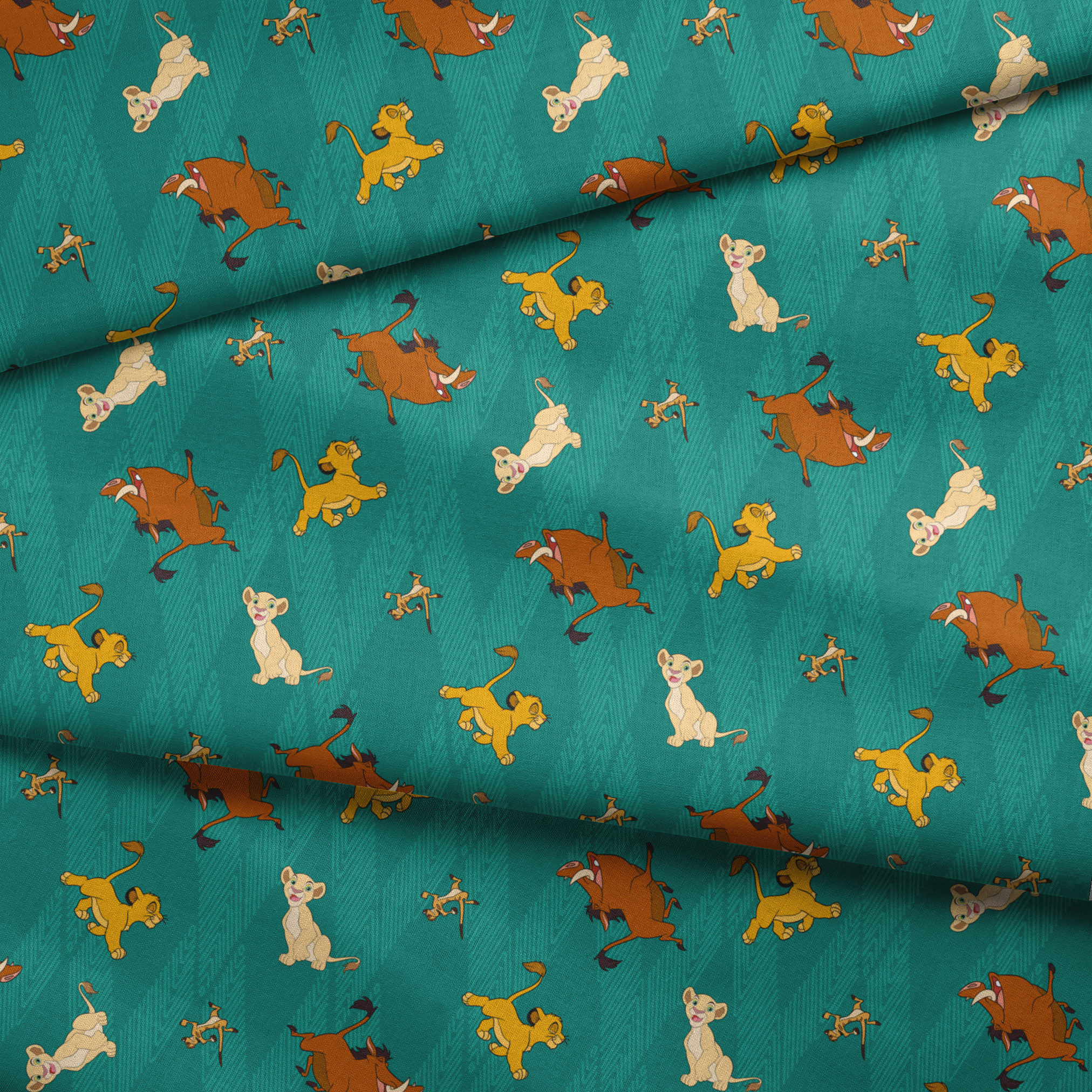Lion cubs in various poses on teal zigzag background; yellow, cream, and brown lions jumping and sitting fabric fold mockup