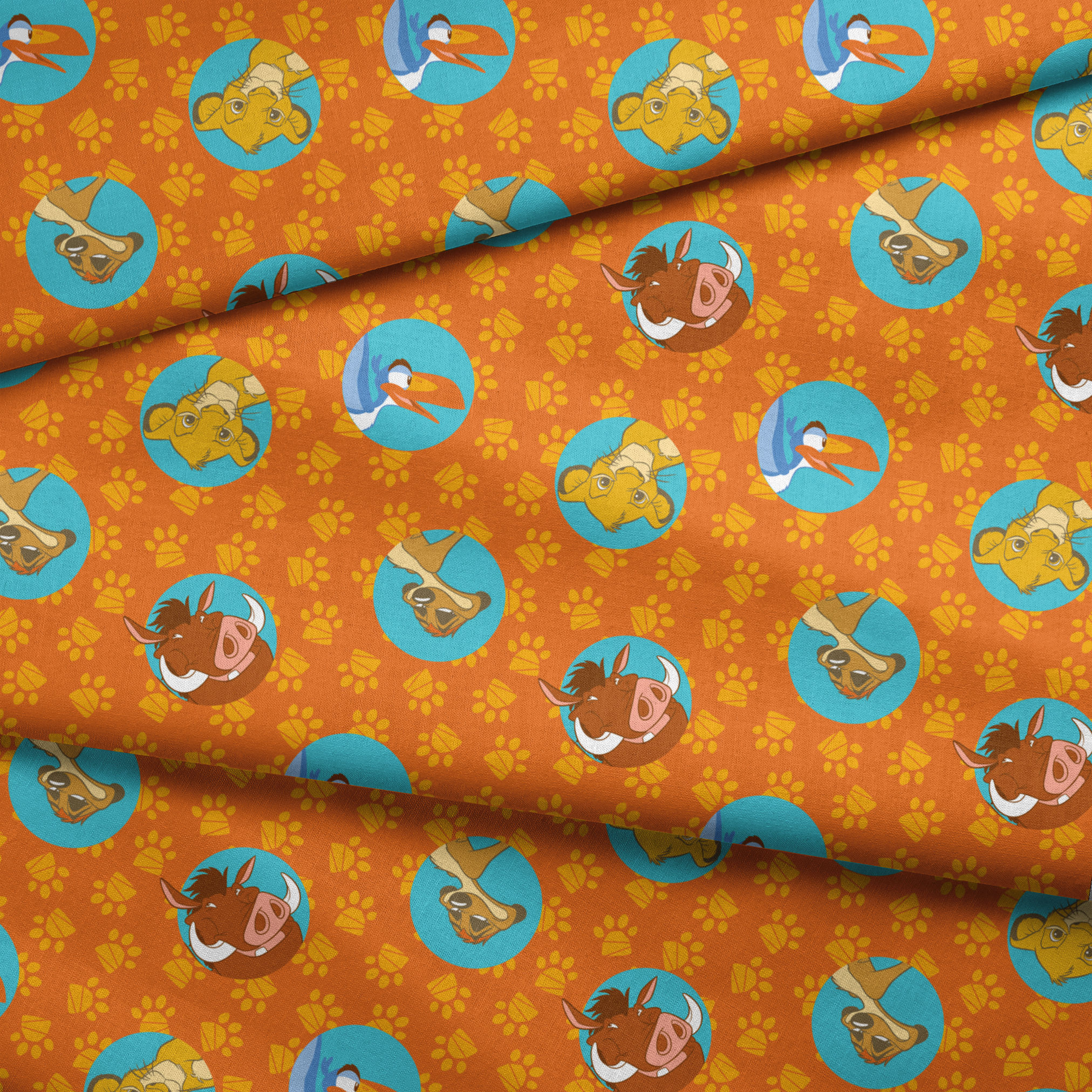 Cartoon animal characters in blue circles on orange background with yellow paw prints pattern fabric fold mockup